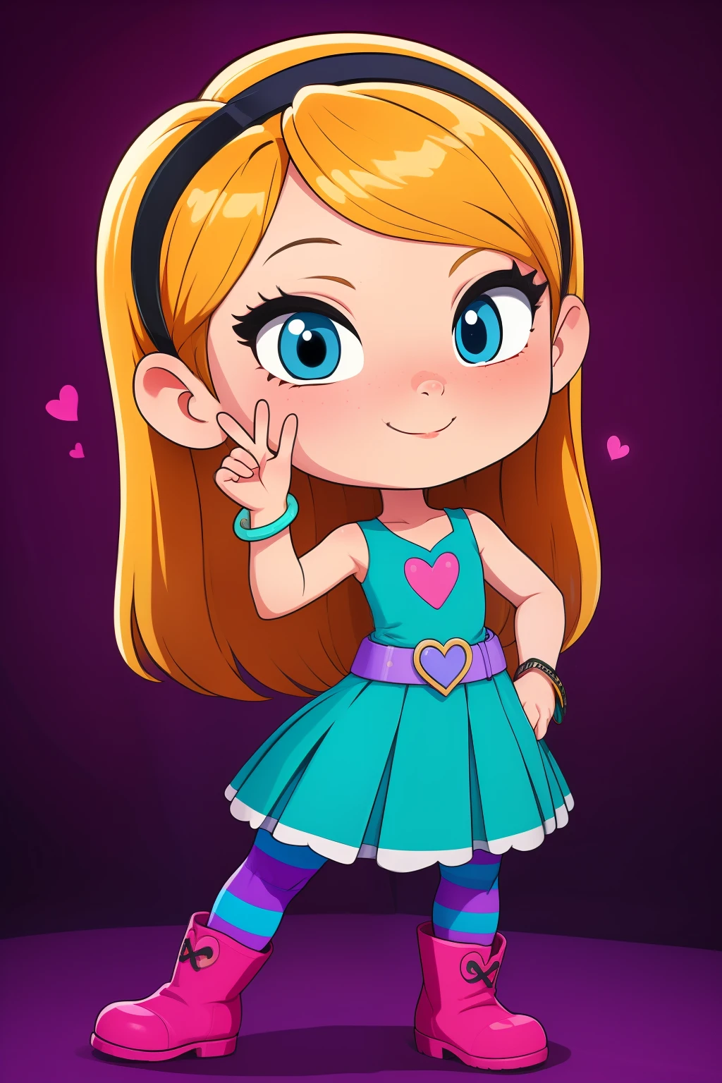 1girl, full body, solo, penny peterson, long hair, blue eyes, 3d, glowing blonde hair, skirt, pleated skirt, hairband, black hairband, dress, teal dress, white trimmings under her skirt, heart shaped lavender belt, blue and pink striped pantyhose, pink boots and bracelet, beautiful, cute girl, closed mouth, cute smile, standing, spread legs, (insanely detailed, beautiful detailed face, masterpiece, best quality) neon lights,, dark background with glowing neon blue and pink lighting,
