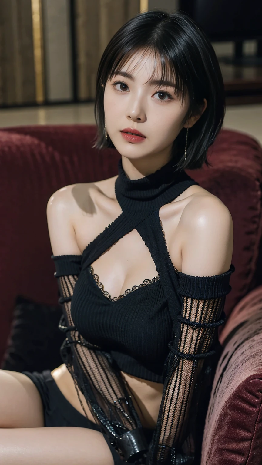 best quality, 1 Girl, dark blue hair, black eyes, Very short hair, Spiky hair, wears sweet brow dress luxury,A cropped dress, 171 cm, Messy hair, Hair between the eyes, Tomboy, aldult, 20 years old, A sweet girl by the mountain