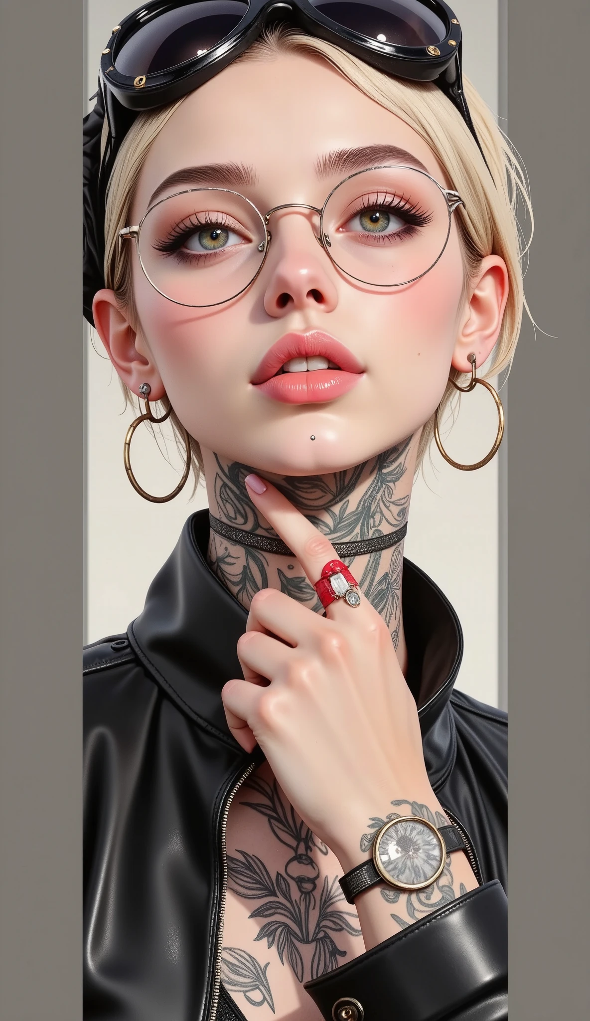 (( a close-up of a woman with tattoos on her neck and face , Beautiful face of a cyberpunk girl, great digital art with details, slightly biting her lower lip, sensually, she wears glasses you can see the reflection in the glasses of the glasses :1.5)), digital art. highly detailed , Detailed woman, full lips in Angelina Jolie style , long false eyelashes , eye makeup blushed lips and cheeks , she wears earrings all over her ear like piercings and in the ovum of her ear she has an embedded ring, a piercing on her lips and nose , hyperrealistic art style , Brandon Woelfel, tattooed face, tattoos and piercings, realistic digital art 4k, realistic digital art 4 k, tattoo style, cyberpunk art style, Girl with glasses , chiaroscuro, cinematic lighting, Optical illusion, HD, UHD, Retina, masterpiece, Accurate, Anatomically correct, textured skin, Super detail, high details, high quality, award winning , best quality, highres, 1080P, HD, 16K