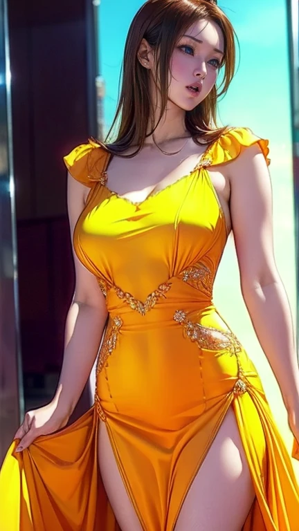 stylized woman , Estilo Retrato, holding glass of drink, clothes in soft yellow and green color, brazilian style