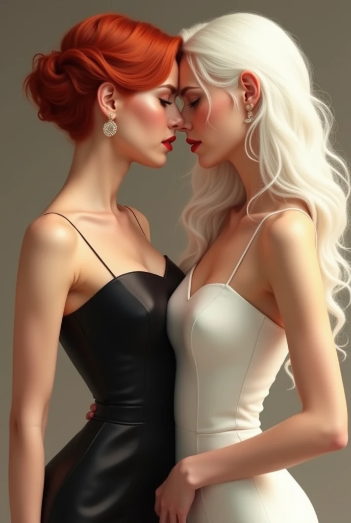 A very beautiful blonde stewardess and a very beautiful red-haired stewardess embracing each other、Staring at the camera。, whole body, Looking into the camera, 潤んだ目でLooking into the camera