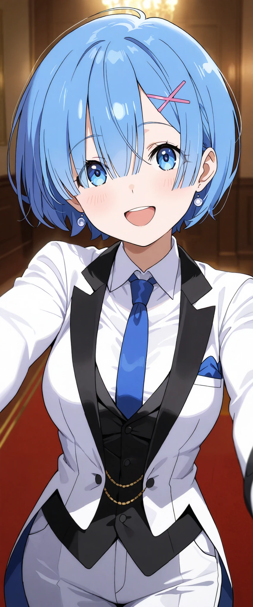 1girl, solo, rem, suit tuxedo , blue hair, short hair, bangs, in front, indoors, standing,happy,smile,looking at viewer, cowboy shot, blue tie woman in formal attractive suit tuxedo tailcoat standing in a large alcove in the room, , reaching towards viewer ,