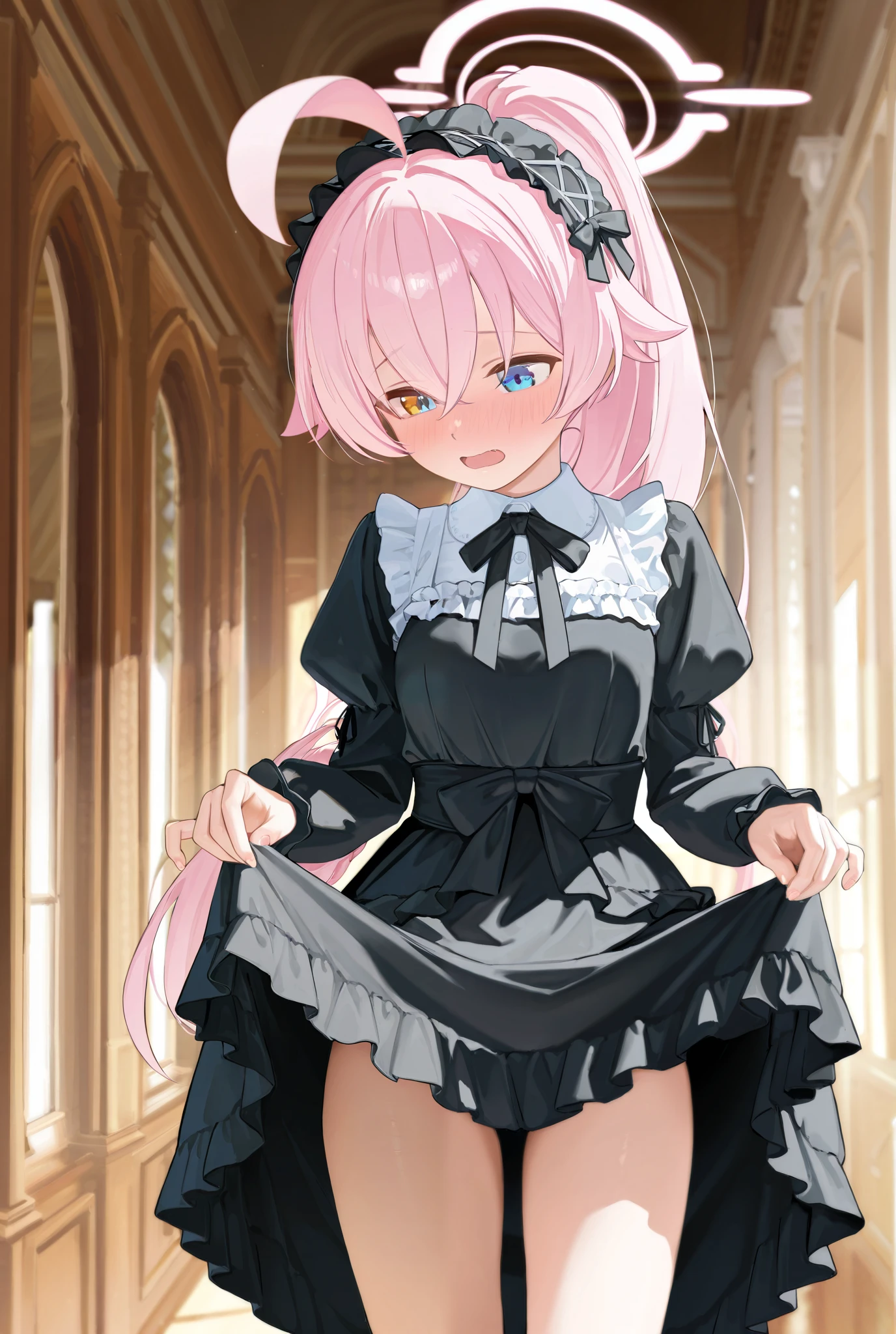 masterpiece, best quality,
nsfw, (alley, wall, dark background), (from below),
(gothic lolita, pink shirt), (standing, skirt lift), black hair, twintail, (heterochromia), lips, eyeliner, (evil smile), open mouth, half closed eyes, (vagina), (pussy juice),