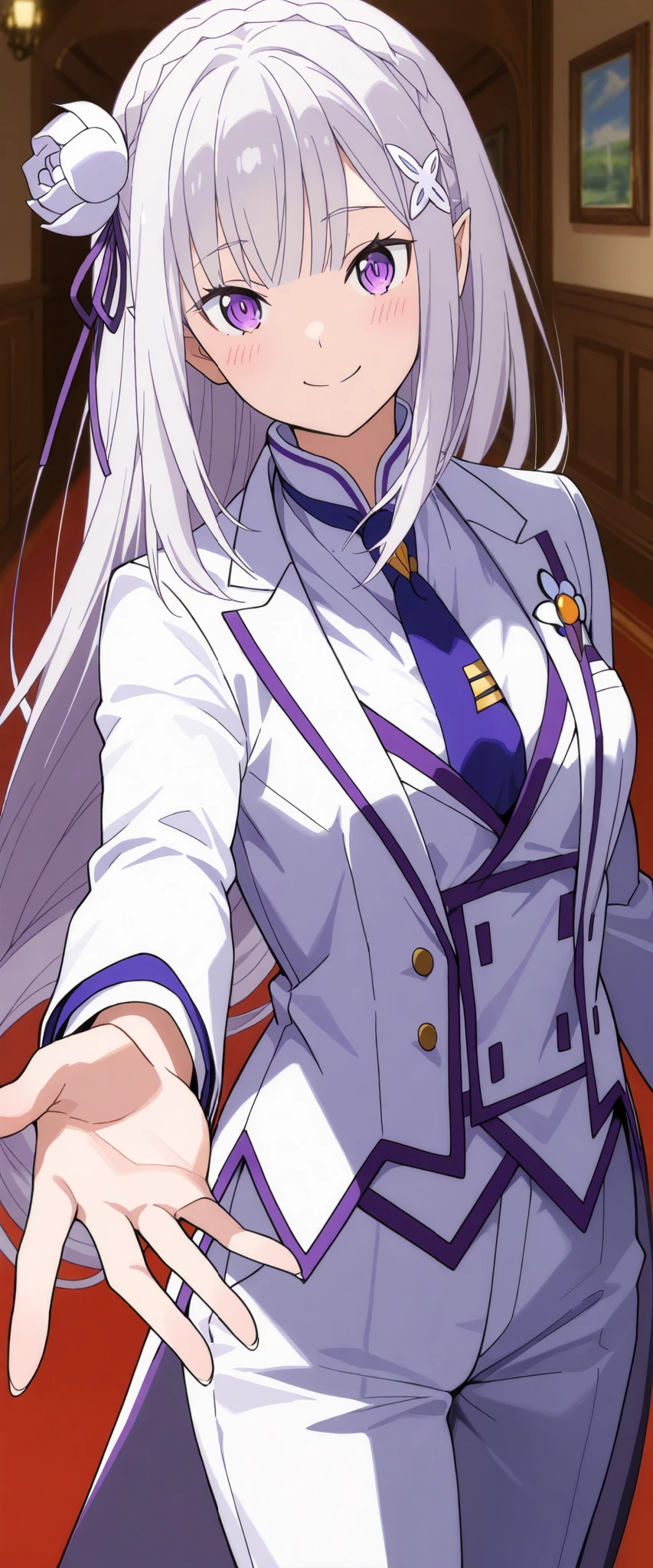 1girl, solo, Emilia, suit tuxedo , white hair, long hair, bangs, in front, indoors, standing,happy,smile,looking at viewer, cowboy shot, blue tie woman in formal attractive suit tuxedo tailcoat standing in a large alcove in the room, , reaching towards viewer ,