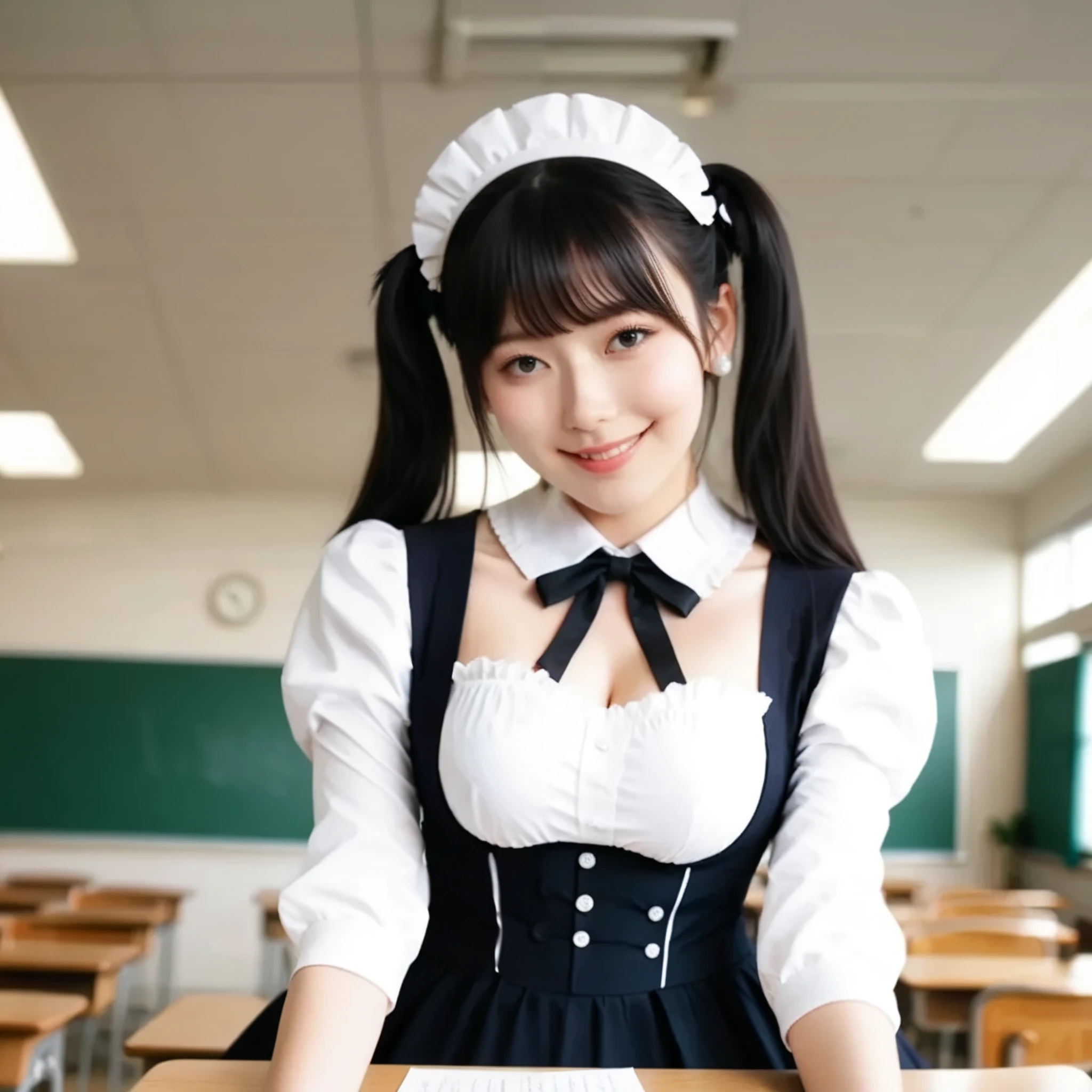      score_9,     score_8_ up,     score_7_ up, s uper detailed,    Hausmo style     , 32K,       masterpiece      ,    top quality, s uper high definition ,     Beautiful faces and eye details filled the classroom ,     beautiful Japanese woman    ,      black hair,         straight hair,smile,      Victorian maids and tights flooded into the classroom  ,      turn your hand backwards    ,  big breasted  ,   Walk slowly  , It's bent to 。 from a certain point of view  ,    Viewer,     rushed into the classroom   