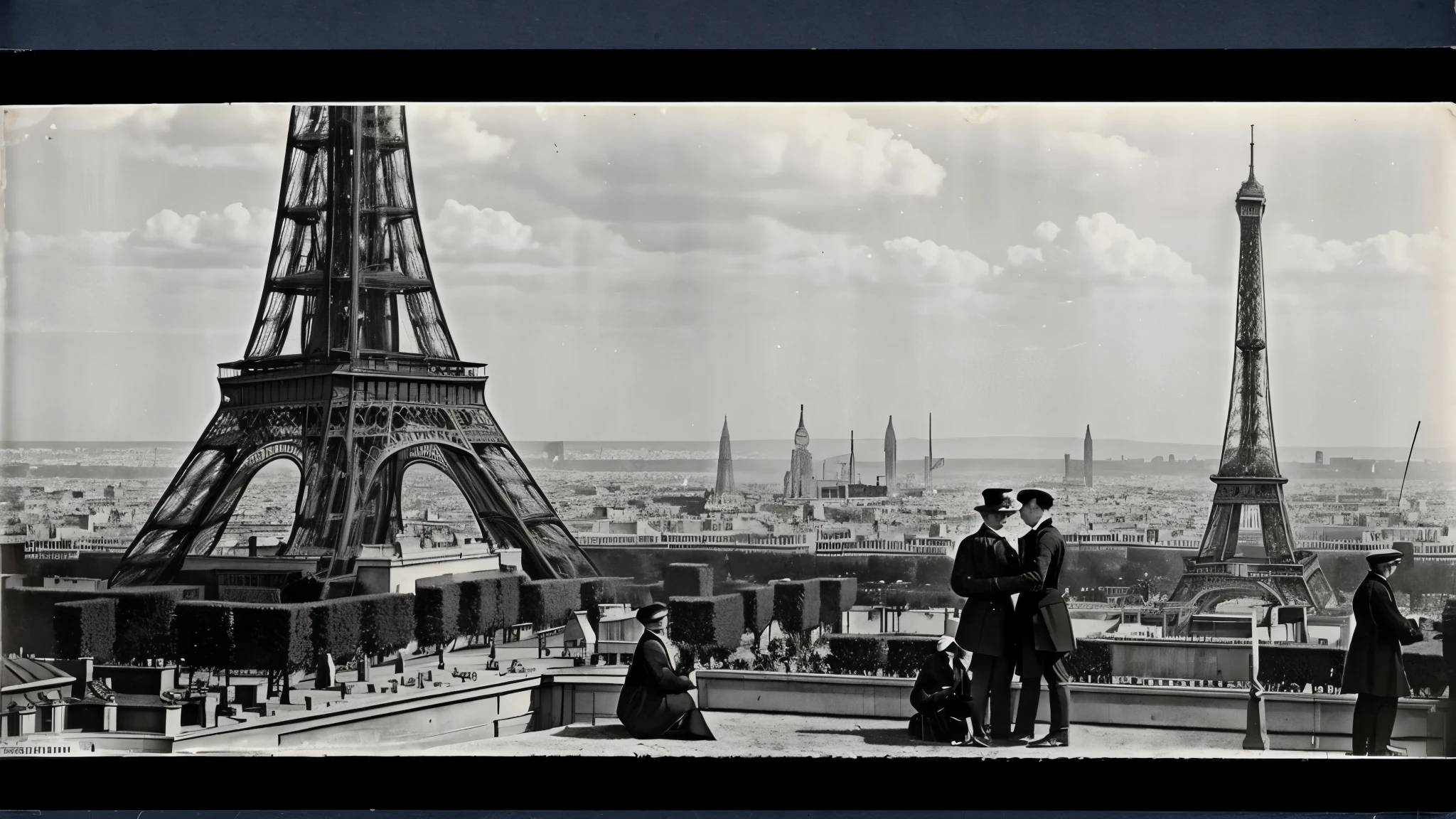 building of the eiffel tower, paris, circa 1888, vintage b&w photography,