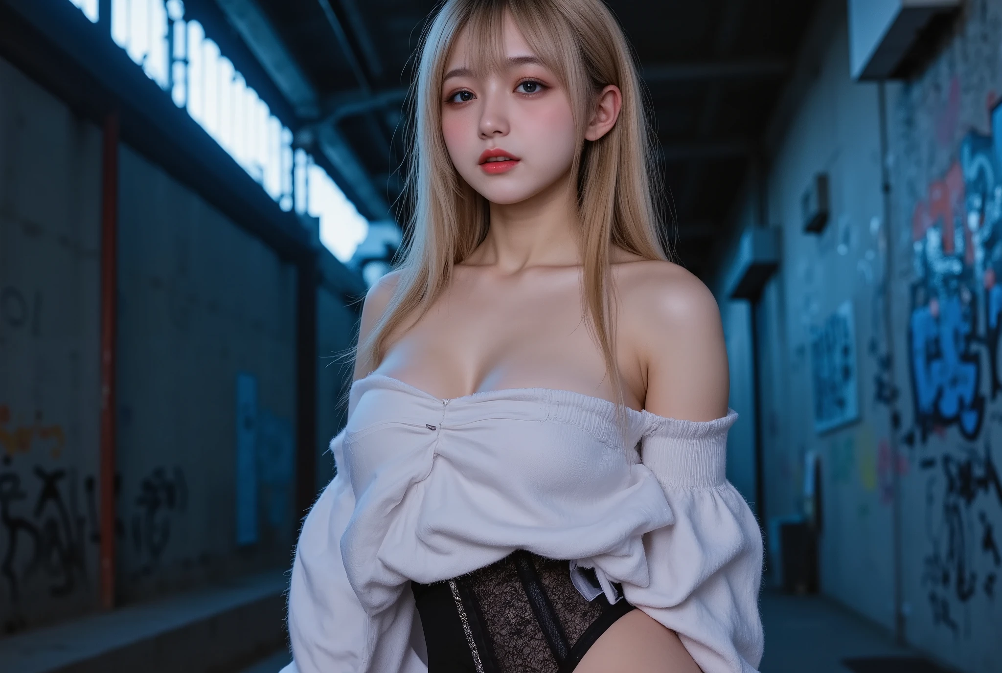 Best quality, masterpiece, ultra high res, (photorealistic), raw photo,1girl, skinny, upper body,solo, realistic, looking at viewer, long hair, bokeh background, city streets,brown eyes, black gothic sleveless dress, necklace, blonde hair, (nsfw:1.4)