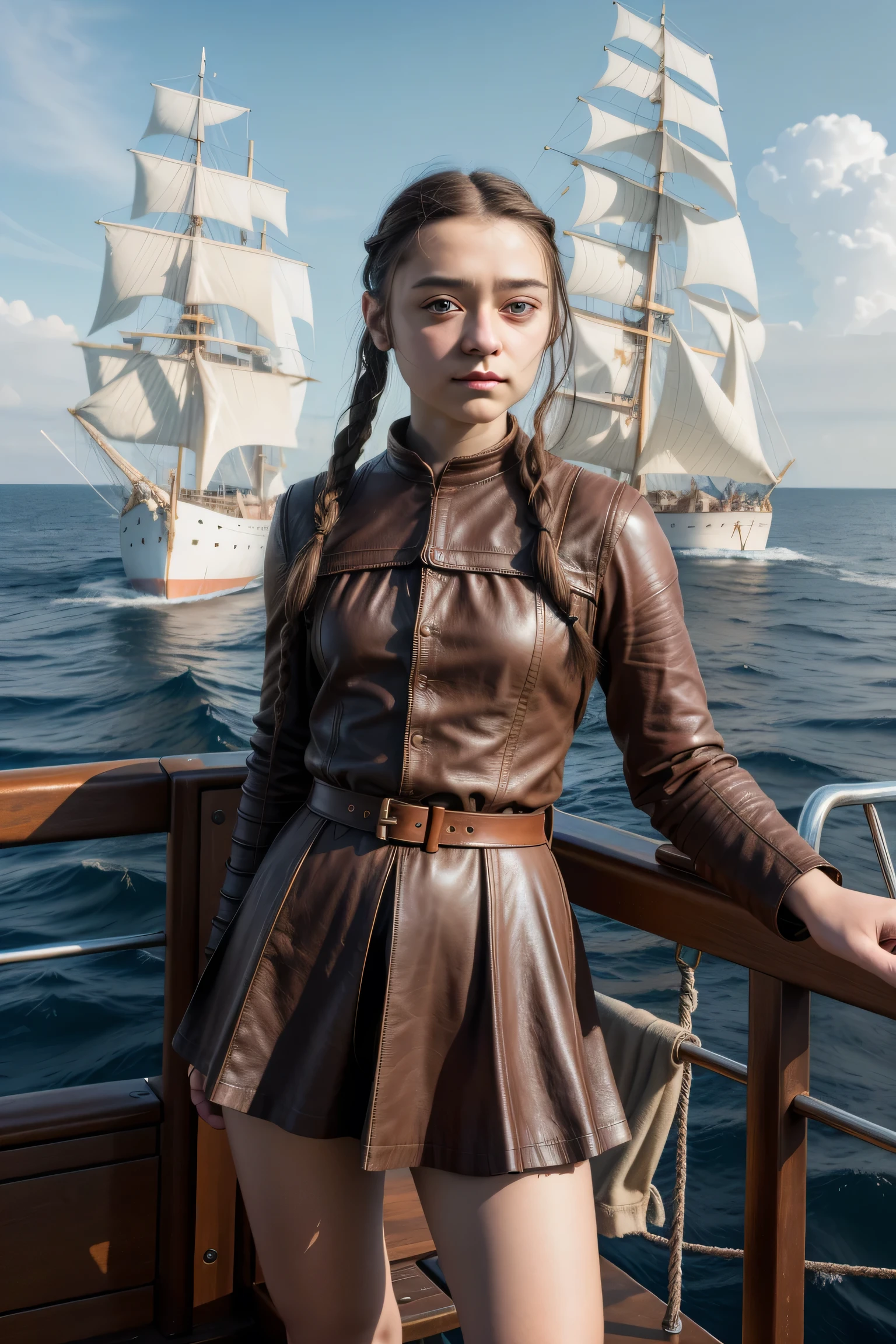 highest quality, masterpiece, ultra high resolution, full-body shot (realistic:1.4), Raw photo, 1 girl aged 22, dressed as Arya Stark, brown leather, braided brown fair, aboard a sailing ship looking to the horizon eagerly.