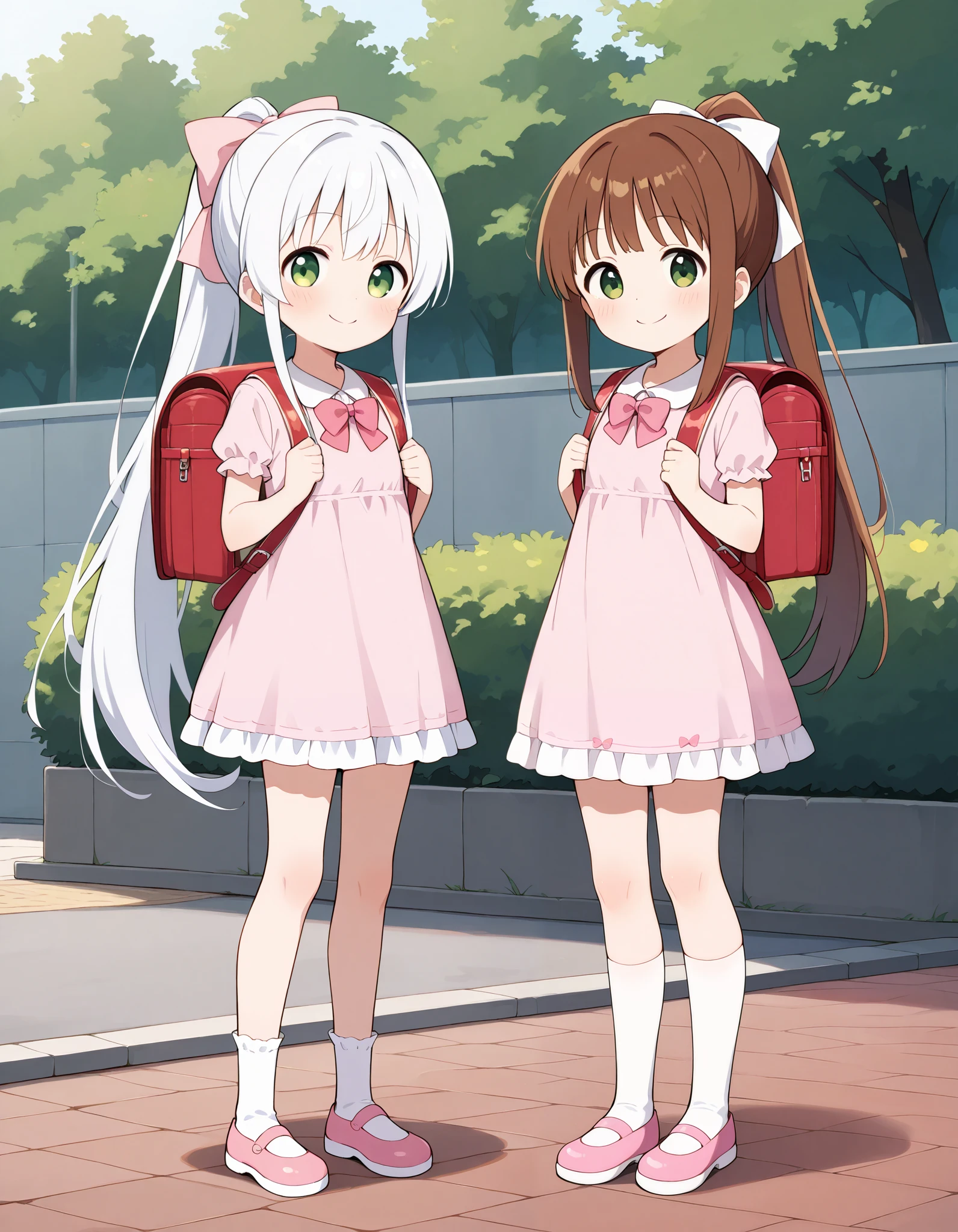Hd, (girl:1.2) (slender body) (thin body), monika, green eyes, brown hair, very long hair, ponytail, white hair ribbon, happy and smile. full body, (ch1ldren playing), short girl, cute girl, (loli:1), (ch1ldren:1.2), long straight hair, thin legs, flat chest, flat breasts. (happy, smile, cheerful), Standing, outdoor, wearing dress, pink dress, frilly dress, white socks, pink shoes, bowtie, wearing randoseru backpack, pink backpack