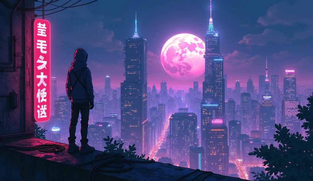 Anime illustration of a cyberpunk glowing cityscape at night, featuring a glowing neon-lit skyline with glowing signs, glowing towering futuristic buildings, and a full moon in the background. On a ledge overlooking the city, a lone figure wearing a hoodie stands, their back facing the viewer, gazing at the city below. The atmosphere is filled with vibrant colors like pink, purple, and blue, with a moody yet adventurous tone. Details of cables, urban architecture, and reflections of neon lights on wet surfaces add depth to the scene.