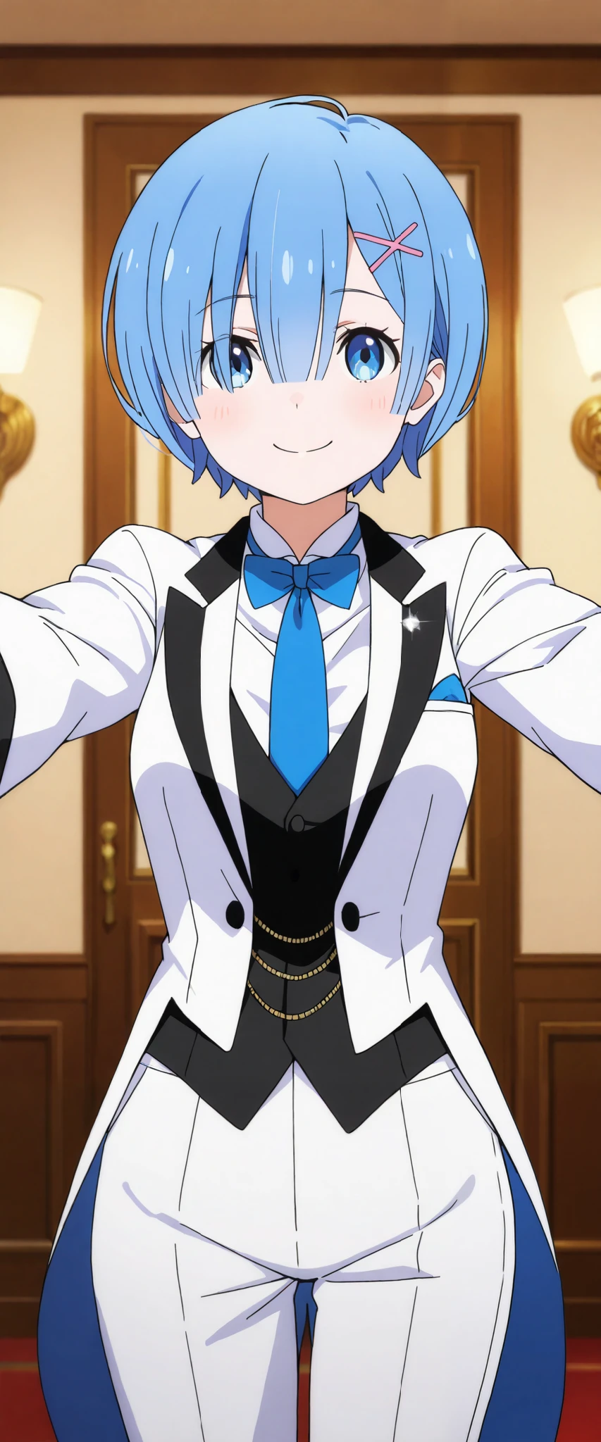 1girl, solo, rem, suit tuxedo , blue hair, short hair, bangs, in front, indoors, standing,happy,smile,looking at viewer, cowboy shot, blue tie woman in formal attractive suit tuxedo tailcoat standing in a large alcove in the room, , reaching towards viewer ,