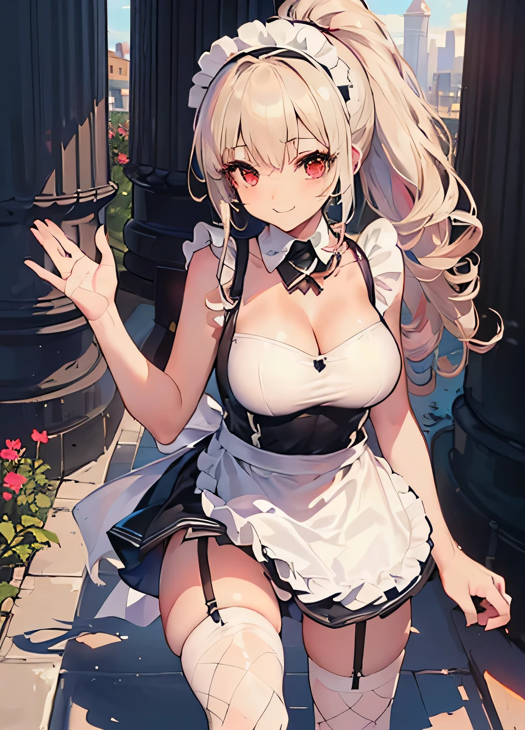 (Masterpiece, Best quality, ultra high resolution), 1 girl, Silver hair, Pale skin, Beautiful detailed face, Detailed eyes, posing on a, On a white background, Dynamic lighting, dynamic shadowing, looking at viewer, White stone punk fashion,(Posing for a photo),((White clothes)), (((black thigh highs))), ((jean shorts, skirt)), white sweater, ((Blue eyes)), happy, smiling, black straps, black strap design, ((Long white hair)), energetic, cheerful, cityscape background, (((Maid Outfit))), ((big boobs)), ((bigger bust))