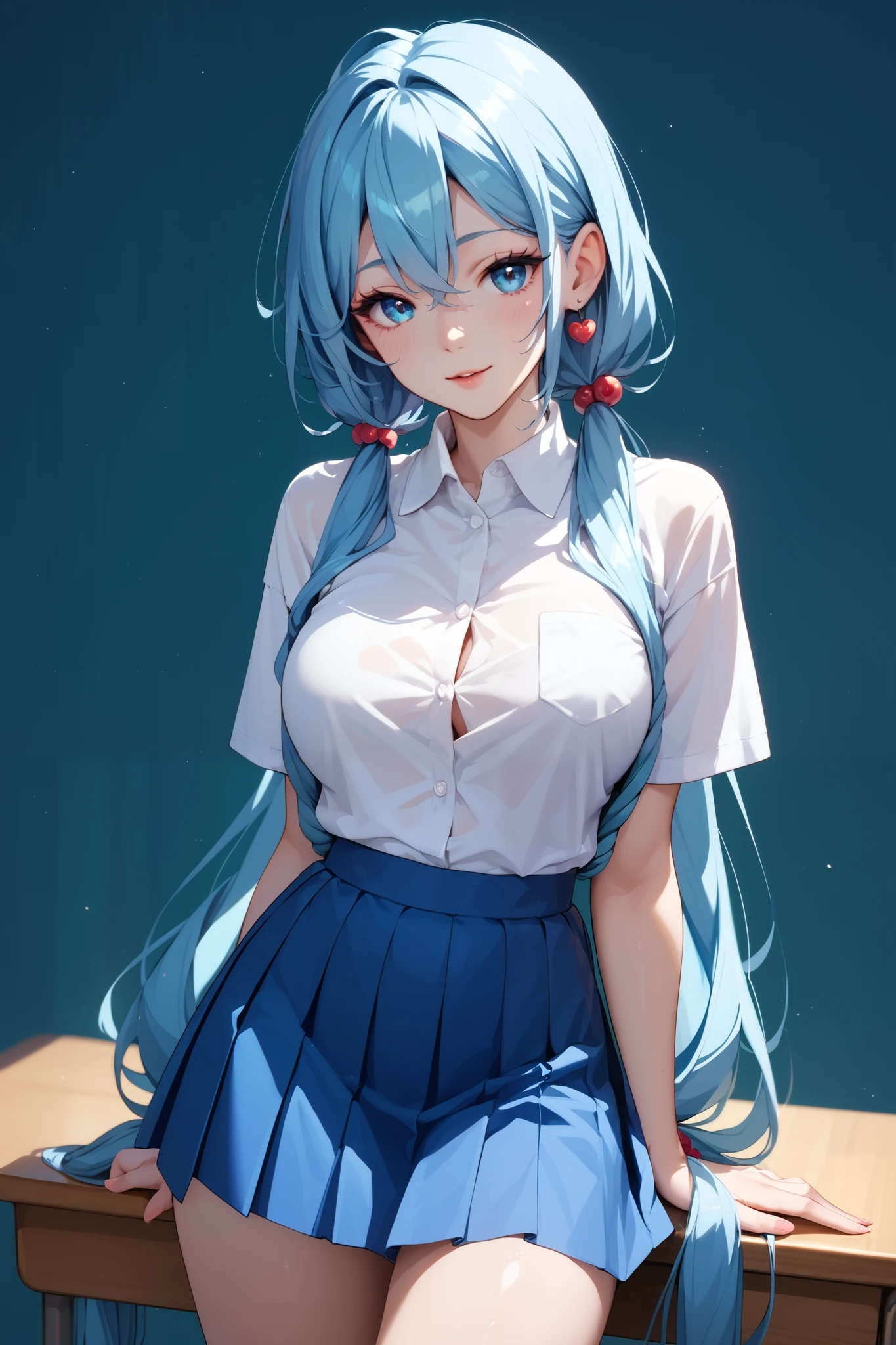 Sexy school girl, (((Long pigtails))), light blue, white shirt, blue skirt