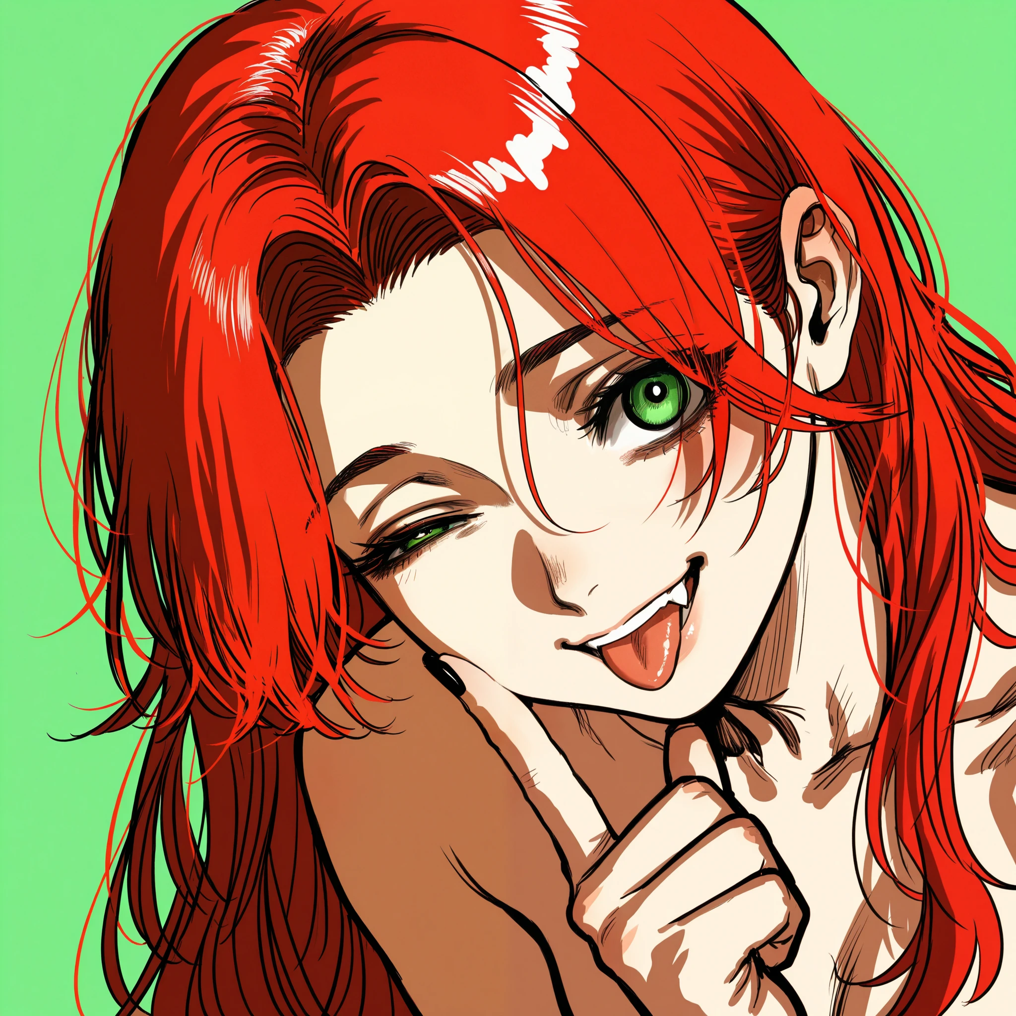 by Hoshi San 3, by Kotteri, (by umikochannart:0.9), sketch, limited palette, 1girl, sophia\(manus vindictae\)\(reverse:1999\), long hair, red hair, green eyes, nudity, sfw, finger to cheek, tongue out, wink, smile, fang, teeth, yandere, black fingernails, portrait, head tilt, dynamic pose, leaning forward, close up, green background, simple background, masterpiece, best quality, amazing quality, very aesthetic, high resolution