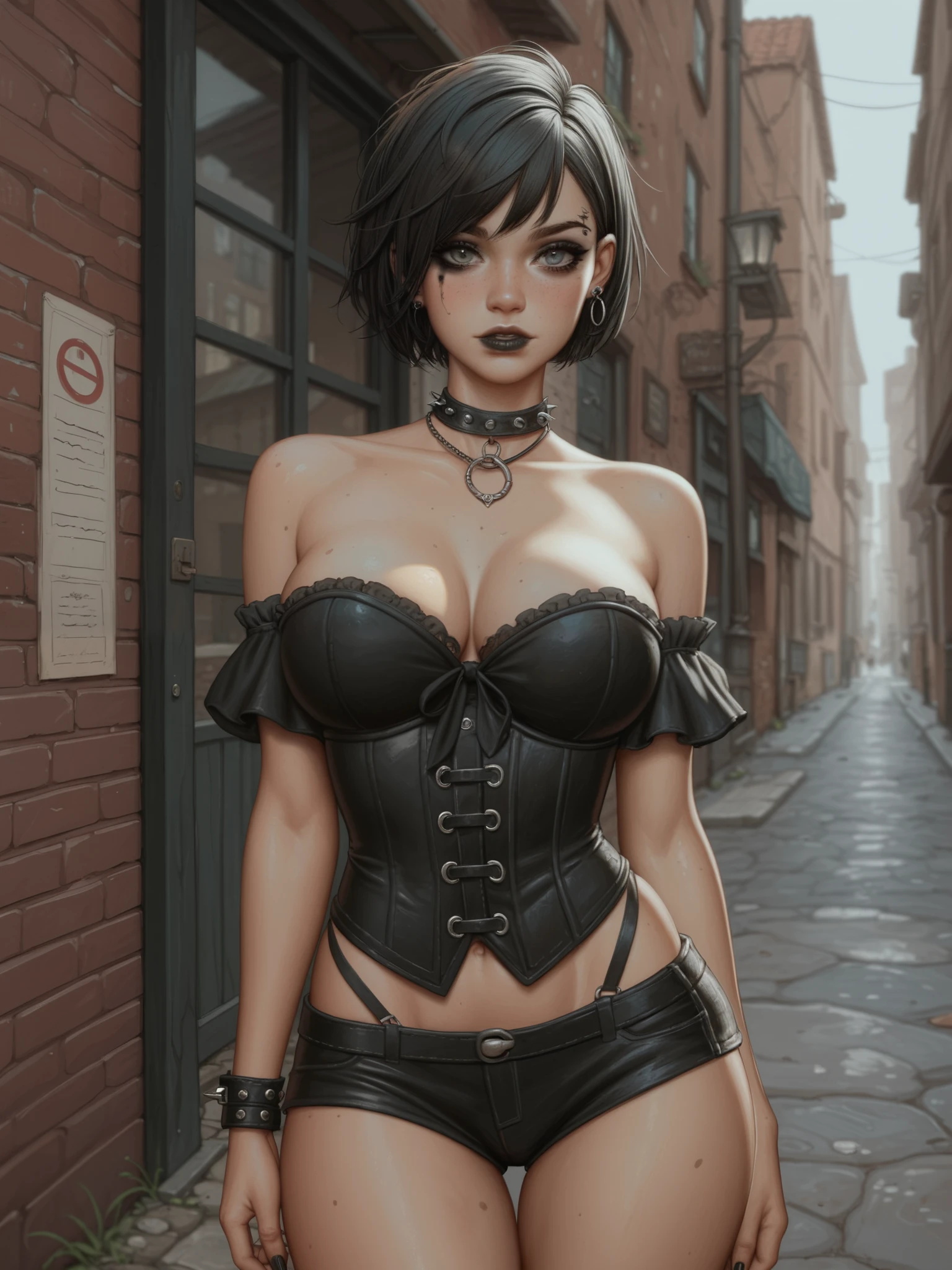  best quality , extreme Detail, Young woman standing alone in a shabby back alley, emo, goth girl, Young woman posing sexy ,  black makeup ,  black short wild hair,  cute face, wild look,  extremely large breasts, (H90 ), (wide hips),  Young woman is slim ,  Young woman looking at observer,  Young woman wearing a tight black sexy corset,