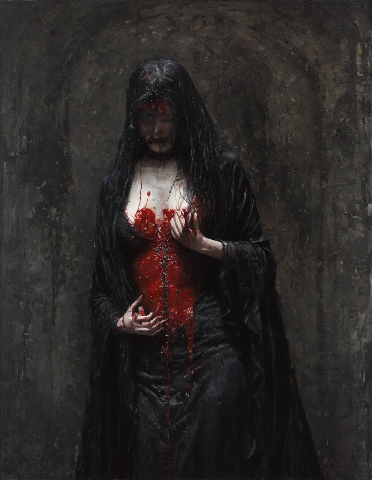 (8K, RAW Photos, BEST QUALITY, A Masterpiece:1.2), (lifelike, photorealistic:1), professional Lighting, MILF 40 yo wife, beautiful ghost, standing female ghost "kuntilanak", Indonesian myth of "kuntilanak", female ghost wearing long white dirty bride dress, her stomach are holey woundy, her face was angry and mad, her face was wounded badly, her whole body are wounded, her hand blacked and burned, her long nail are sharp and blacked, (theres a big wounded hole in her stomach), brown dark black skin, Indonesian female, theres a lot of blood spread around,Ghost Bride，Blood-red clothes，darkly，An atmosphere of terror, ((standing)), ((full body)), 