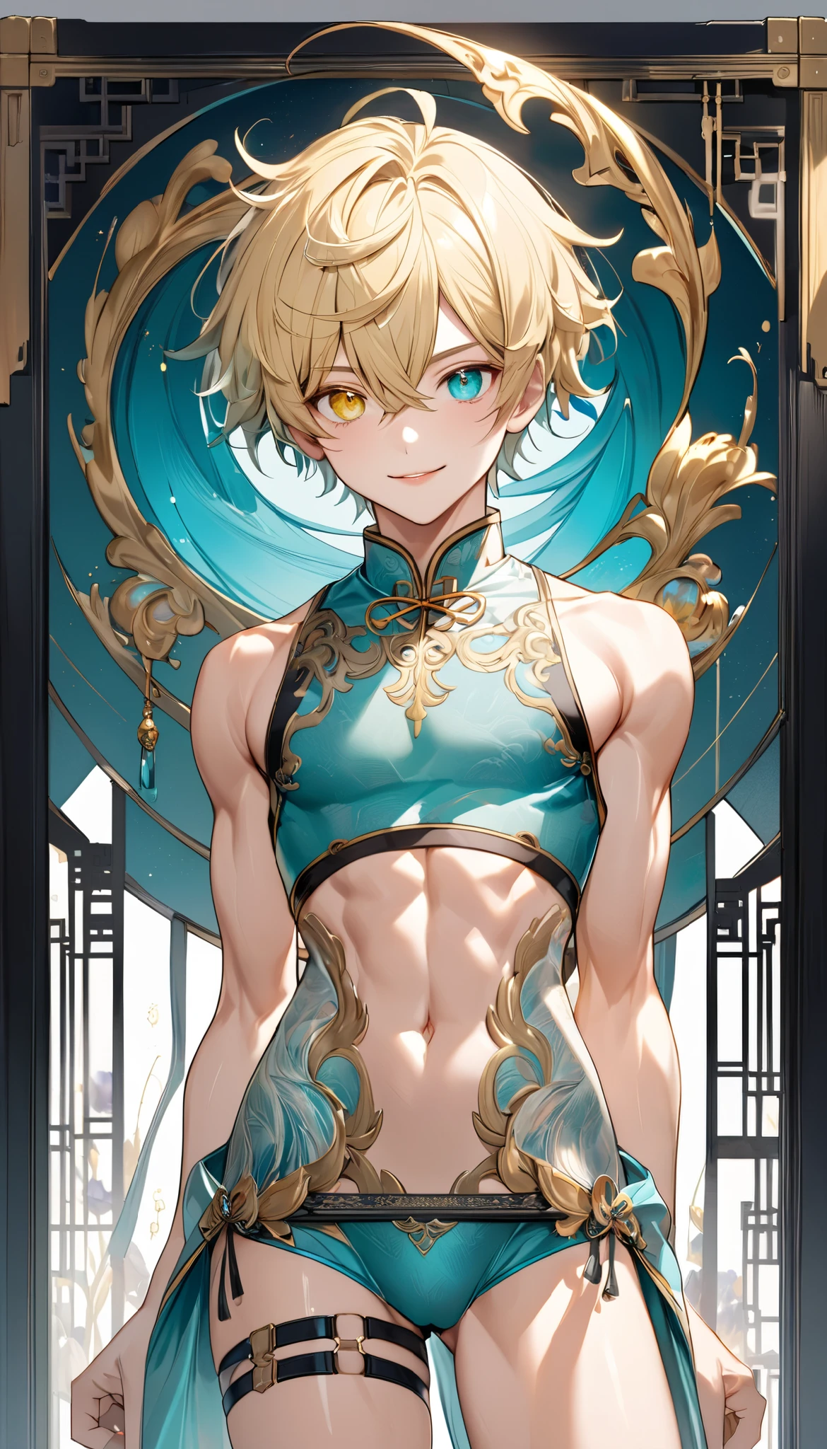 fresh illustration ,
Superfine painting,
very delicate illustration ,
Very fine details ,
1boy ,
(( standing))
Alone,
Height: 158cm,
Beige Skin,
Cheeks are ruddy,
((The iris on the left is medium aquamarine and the iris on the right is yellow ))
((Complete iris heterochromia )),
beautiful eyes,
large black pupils ,
Short short hair,
Blonde,
the tips of the hair are whitish ,
The hair has gradation ,
shiny hair with makeup,
young but beautiful and bewitching face ,
The lips are extremely small,
is smiling,
a small halo that shines brightly on the head ,
the tips of the eyebrows are slightly lowered ,
the upper body is worn in kimono ,
Pectoral muscles,
six pack,
Slim waist,
thin legs ,
The lower body is long, transparent clothing in the style of a Chinese dress with slits on both hips,
The color of the obi is red ,,
the obi is tastefully embroidered with silver thread ,
fine fabric clothing ,
jockstrap underwear ,
the thigh strap cuts into the skin ,
Are the tips of long boots Japanese style,
Isometric,
golden ratio,
god々 like atmosphere,
wearing a padded collar innerwear ,
white background,
tactical use of shadows ,
the ring of the head and hair fit inside the frame ,
Clothes fit inside the frame ,
(( full shot))
facing the front,