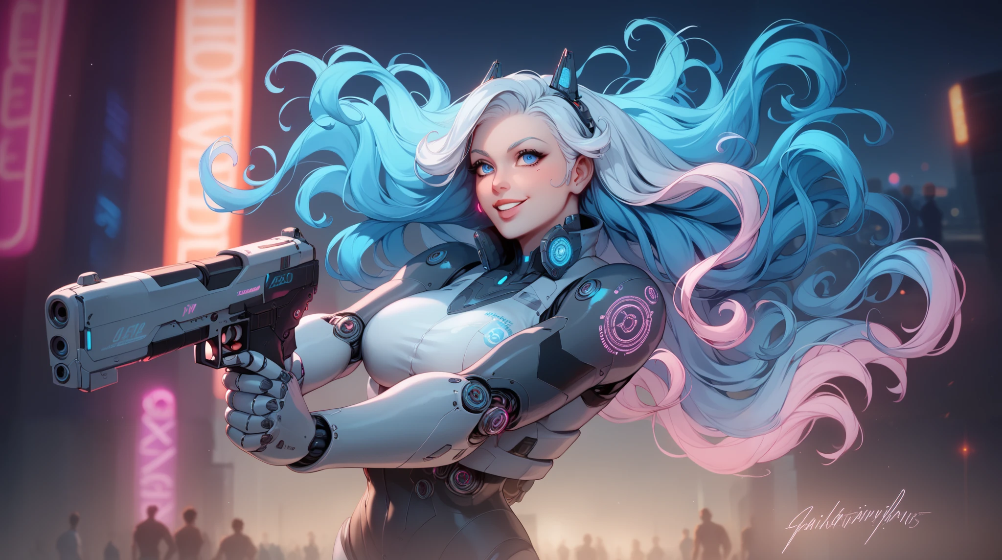 Main Subject:
A girl in a futuristic city.
Character Details:
A agerl with long, wavy hair blending pink and purple hues, glowing slightly with neon tones.
She has pale, smooth skin, and striking cybernetic blue eyes that resemble digital screens.
She wears a modern, futuristic outfit, including a cropped jacket with glowing neon lines and tight pants decorated with geometric, vibrant patterns.
She holds a small, futuristic handgun, designed with metallic textures and subtle glowing accents.
Background:
A bustling futuristic city filled with towering skyscrapers, illuminated by holographic advertisements showcasing strange logos and vibrant animations.
The streets are crowded with people and machines, featuring flying cars and colorful lights reflecting the lively energy of the environment.
Art Style:
c4stl3v4ni4
Motion and Effects:
The character stands confidently, gazing forward with determination, while a slight digital breeze adds a sense of movement.
Light reflections on the metallic ground enhance the futuristic vibe.