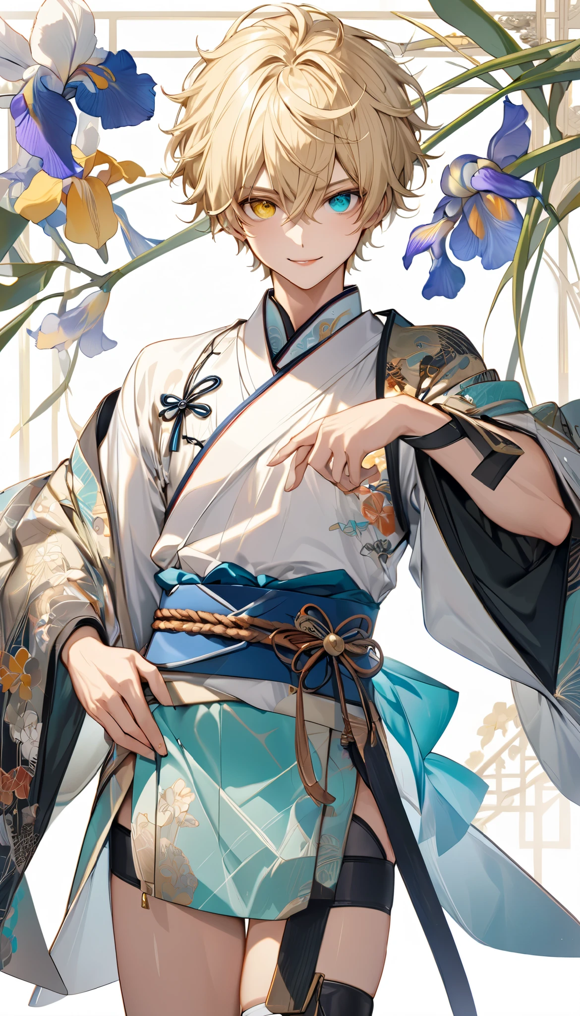 fresh illustration ,
Superfine painting,
very delicate illustration ,
Very fine details ,
1boy ,
(( standing))
Alone,
Height: 158cm,
Beige Skin,
Cheeks are ruddy,
((The iris on the left is medium aquamarine and the iris on the right is yellow ))
((Complete iris heterochromia )),
beautiful eyes,
large black pupils ,
Short short hair,
Blonde,
the tips of the hair are whitish ,
The hair has gradation ,
shiny hair with makeup,
young but beautiful and bewitching face ,
The lips are extremely small,
is smiling,
a small halo that shines brightly on the head ,
the tips of the eyebrows are slightly lowered ,
the upper body is worn in kimono ,
Pectoral muscles,
six pack,
Slim waist,
thin legs ,
The lower body is long, transparent clothing in the style of a Chinese dress with slits on both hips,
The color of the obi is red ,,
the obi is tastefully embroidered with silver thread ,
fine fabric clothing ,
jockstrap underwear ,
the thigh strap cuts into the skin ,
Are the tips of long boots Japanese style,
Isometric,
golden ratio,
god々 like atmosphere,
wearing a padded collar innerwear ,
white background,
tactical use of shadows ,
the ring of the head and hair fit inside the frame ,
Clothes fit inside the frame ,
(( full shot))
facing the front,