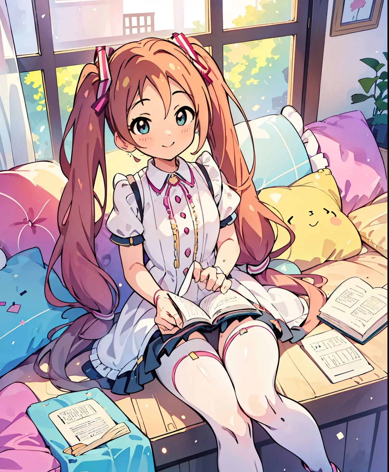(Masterpiece、 best quality、 best quality、 Official Art、 beautiful and beautiful :1.2)、(一人の girl :1.3) Hatsune Miku、 twin tails, beautiful breasts , shot from the ground with both hands carpet In the room room with lots of stuffed animals Fluffy pillow reading a book is sitting Knee From the bottom right don't see viewers watching the background window 1 person girl Extremely feminine clothes Winter clothes white tights smile smile smile Momoko sweat ( reading a book) Mirishita The Idolmaster Masterpiece at the front door of the house , super high resolution, Beautiful Legs shot from beautiful upper body Beautiful lower body 2 Perfect Legs perfect five fingers beautiful eyes detailed FA Beautiful underwear