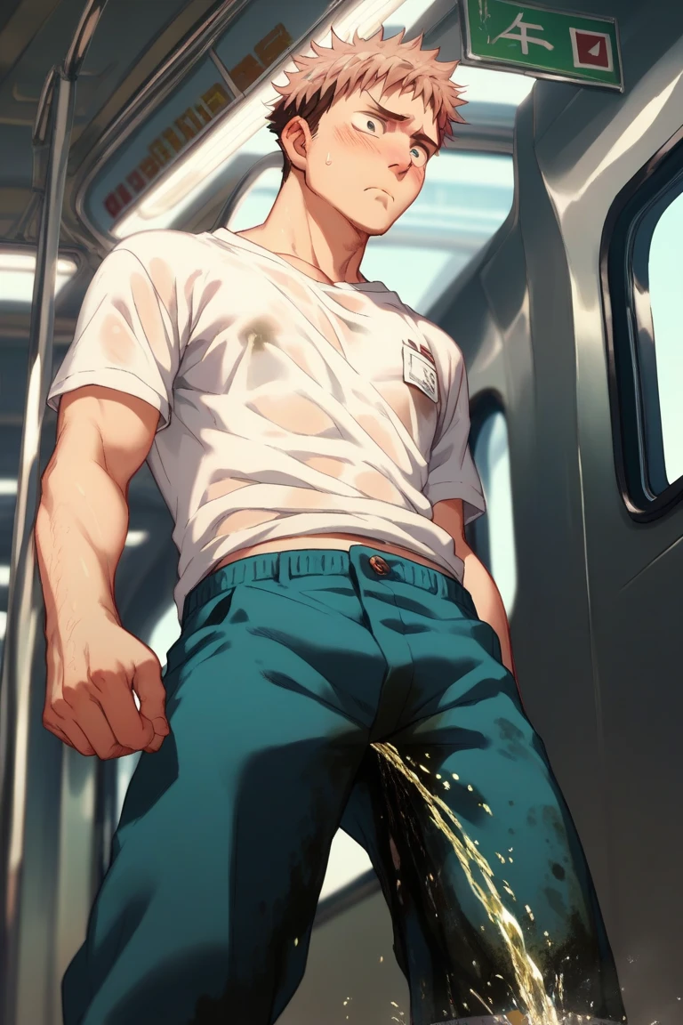 ultra-detailed, masterpiece, best quality, highres, extremely detailed, nsfw, (solo shoot:1.5), (1boy:1.5), man, (lean guy:1.5), short hair, work clothes, open shirt, bottomless, torn clothes, dead drunk, restrained, shackles, handcuffs, (bondage:1.5), (excessive cum on body:1.5), train interior