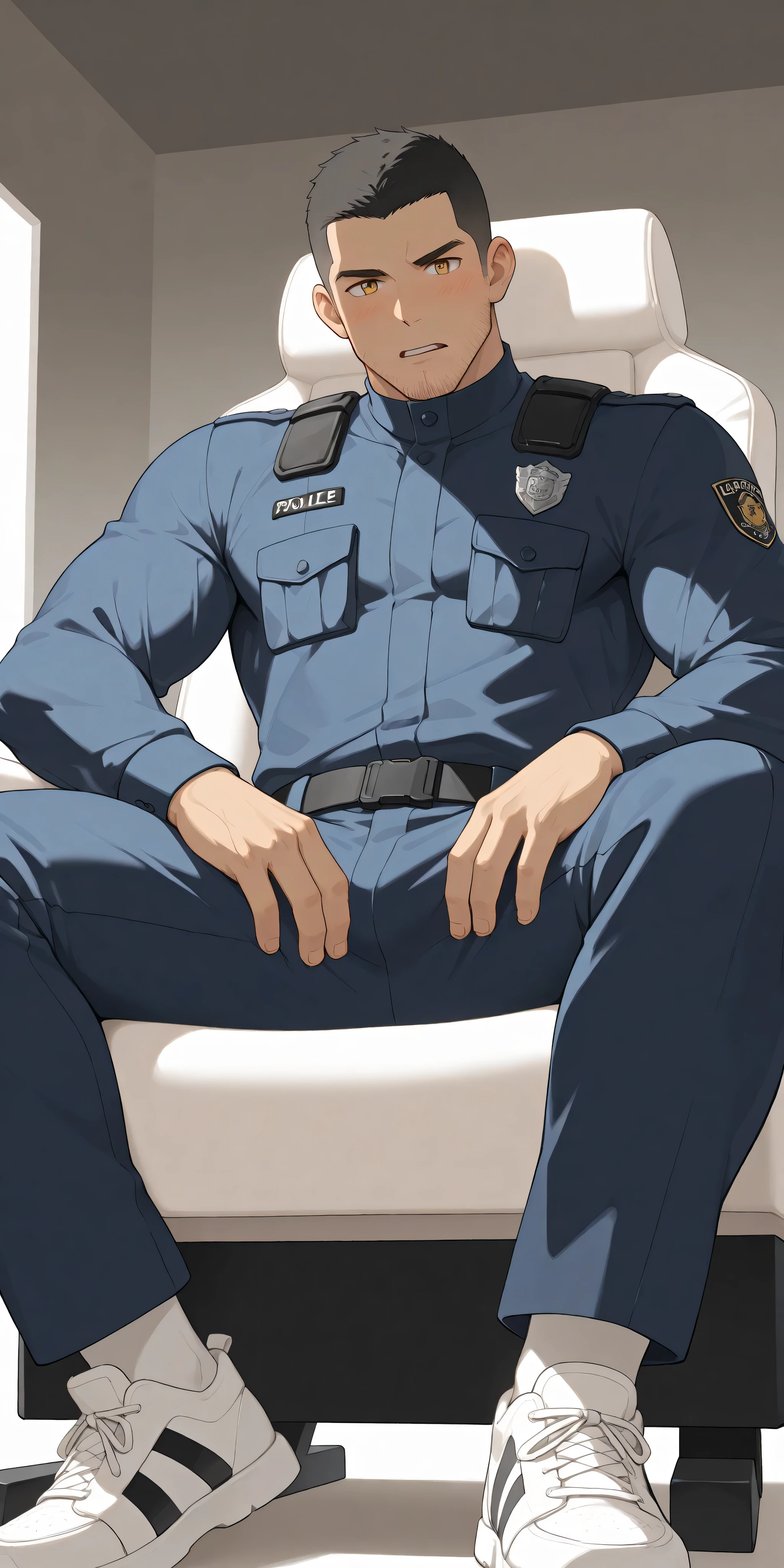 anime characters:Sarutobi Asuma, whole body, Buzz Cut, In a clean and tidy bedroom, Sit on an upscale sofa massage chair, The top is all meat pads, It has lots of milky white mucus on it, He grits his teeth, He wears a dark yellow Police suit, Wear a black turtleneck tights underneath, Very tall, Muscle male policeman, Stubble, Manliness, muscular, Milky white sneakers, Very tight, muscular male, muscular, only, alone, Black short hair, Thick eyebrows, stubble, Yellow eyes, Grey background, simple background, amazing quality, best aesthetics, Ridiculous, bright eyes, There is salivation on the corners of the mouth, crew cut, parted lips, Grit your teeth, blush, embarrassed, saliva trail, from below, best quality