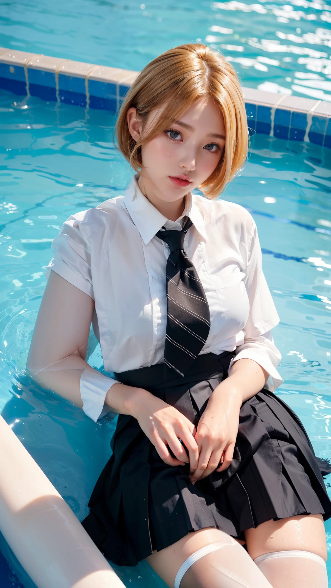 a beautiful young girl, blonde, (hi-top fade:1.3), sunshine, outfield,Swiming pool, sitting on the side of the pool, huge breast, ponytail, full body, realistic skin, head tilt, detailed eyes and face, blushing, ashamed, blue eyes, symmetry smile eyes, japan school uniform, white shirt, luxury_deep_blue_shortskirt, ultra detailed finger, two bare long legs, white-skinned girl, depth_of_field, motion_blur, spots shot, full body shoot, jk_lure_dress2