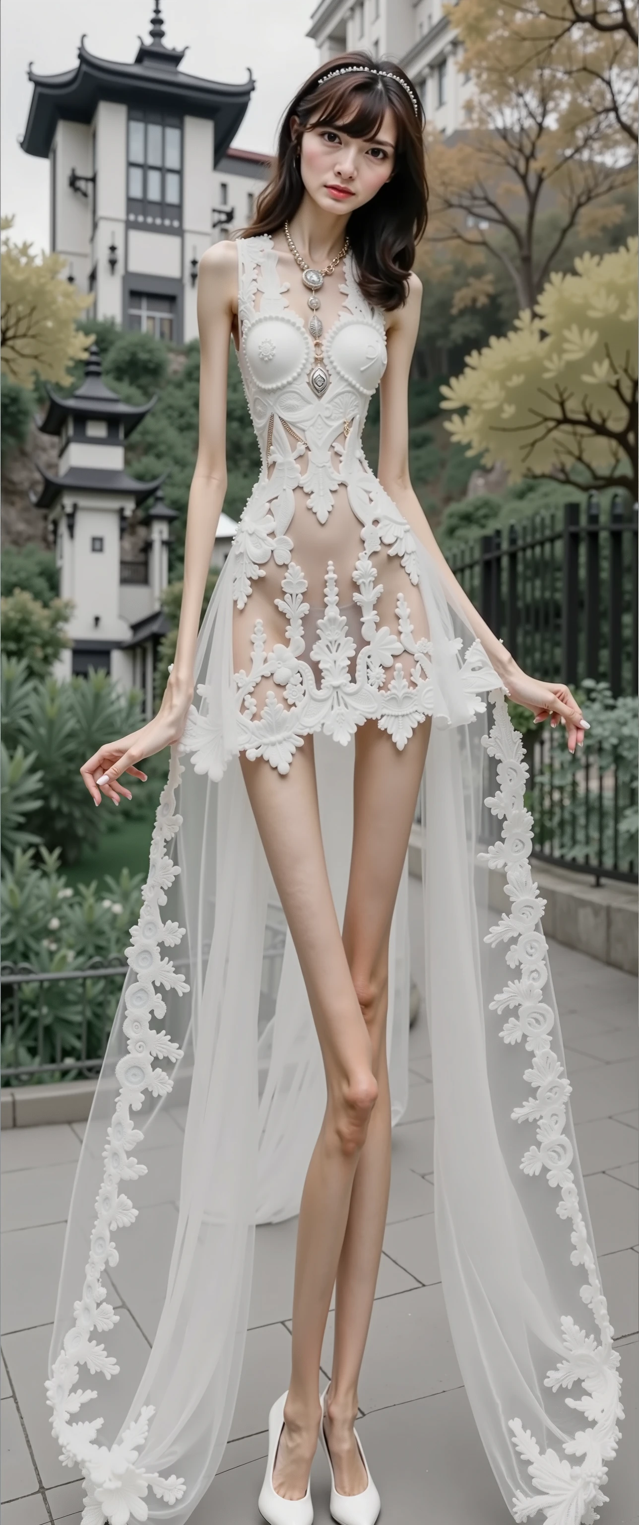 fashion modell, perfect  eyes, Perfect iris, Perfect lips, perfect teeth, flawless skin, Glow, (Subdued Color:1.2), Baby Face Woman, 
Gorgeous dress up, white dress,
Standing, 
Kamimei, Photorealsitic, 8k picture,
full body,