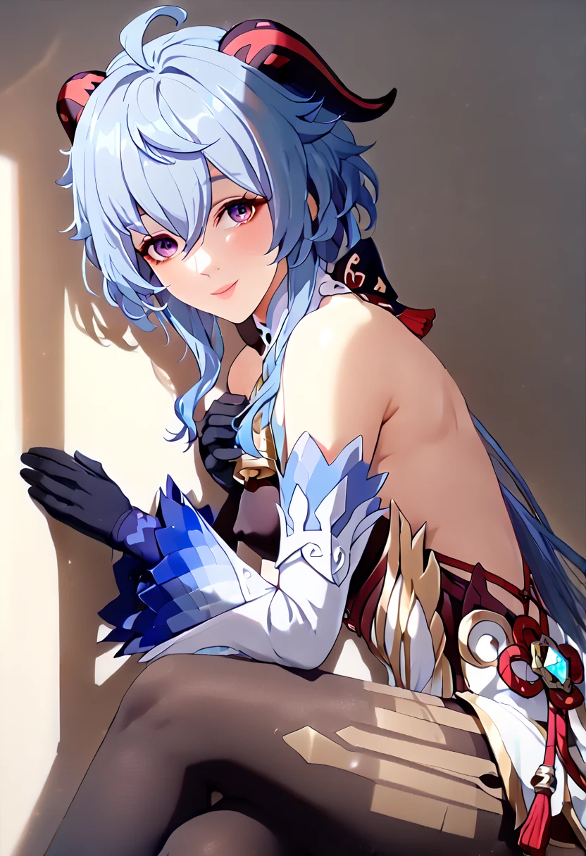 masterpiece, best quality, 1girl, solo, long hair, breasts, smile, bangs, gloves, bare shoulders, medium breasts, blue hair, purple eyes, ahoge, pantyhose, sidelocks, parted lips, detached sleeves, horns, black gloves, black pantyhose, bell, neck bell, white sleeves, gold trim, vision (genshin impact), thighlet, orb, ganyu (genshin impact), Ganyu,