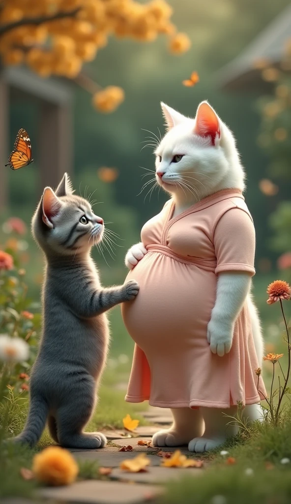 A high-definition, ultra-realistic depiction of a pregnant girl with a 10-month baby bump, accompanied by the transparent spirit of a silver-gray American Shorthair cat, silently guarding her. The scene is surrounded by her and the cat’s favorite flowers: blue plumbago, orange jasmine, and osmanthus, filling the air with a fragrant and aromatic presence. The overall atmosphere is protective and serene, with detailed and lifelike textures, vivid colors, and deep emotional resonance.