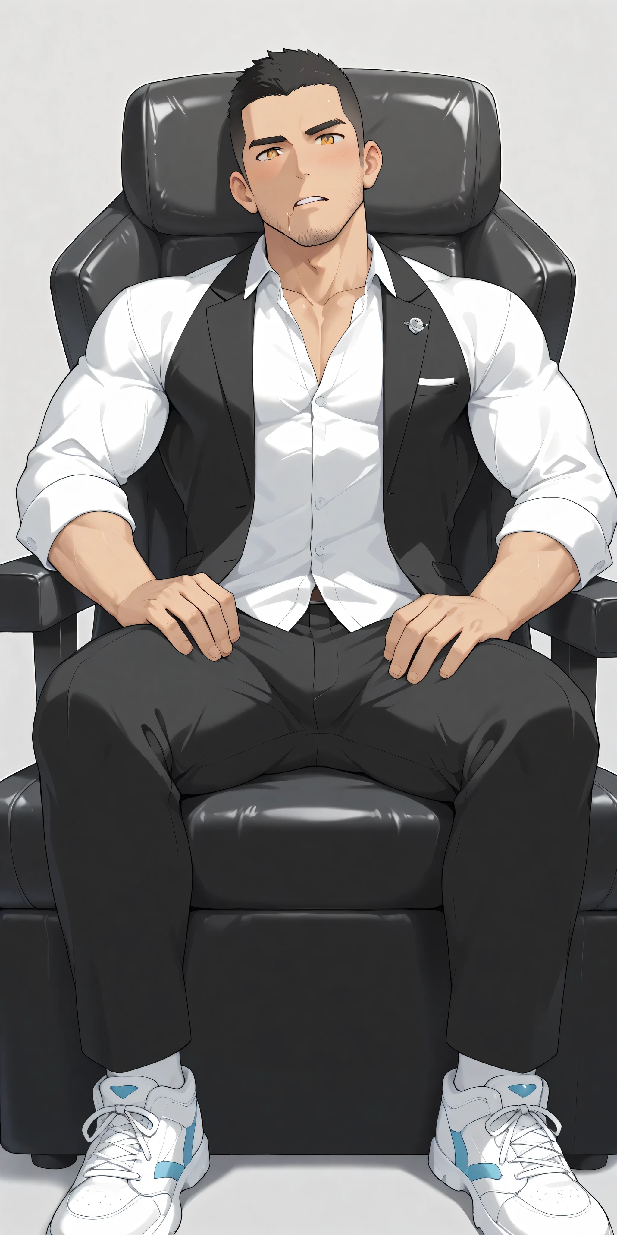 anime characters:Gyee, whole body, Buzz Cut, In a clean and tidy bedroom, Sit on an upscale sofa massage chair, The top is all meat pads, It has lots of milky white mucus on it, He grits his teeth, He wears a fancy suit and pants, Very tall, Muscle Sports Teacher, Stubble, Manliness, muscular, Milky white sneakers, Very tight, muscular male, muscular, only, alone, Black short hair, Thick eyebrows, stubble, Yellow eyes, Grey background, simple background, amazing quality, best aesthetics, Ridiculous, bright eyes, There is salivation on the corners of the mouth, crew cut, parted lips, Grit your teeth, blush, embarrassed, saliva trail, from below, best quality