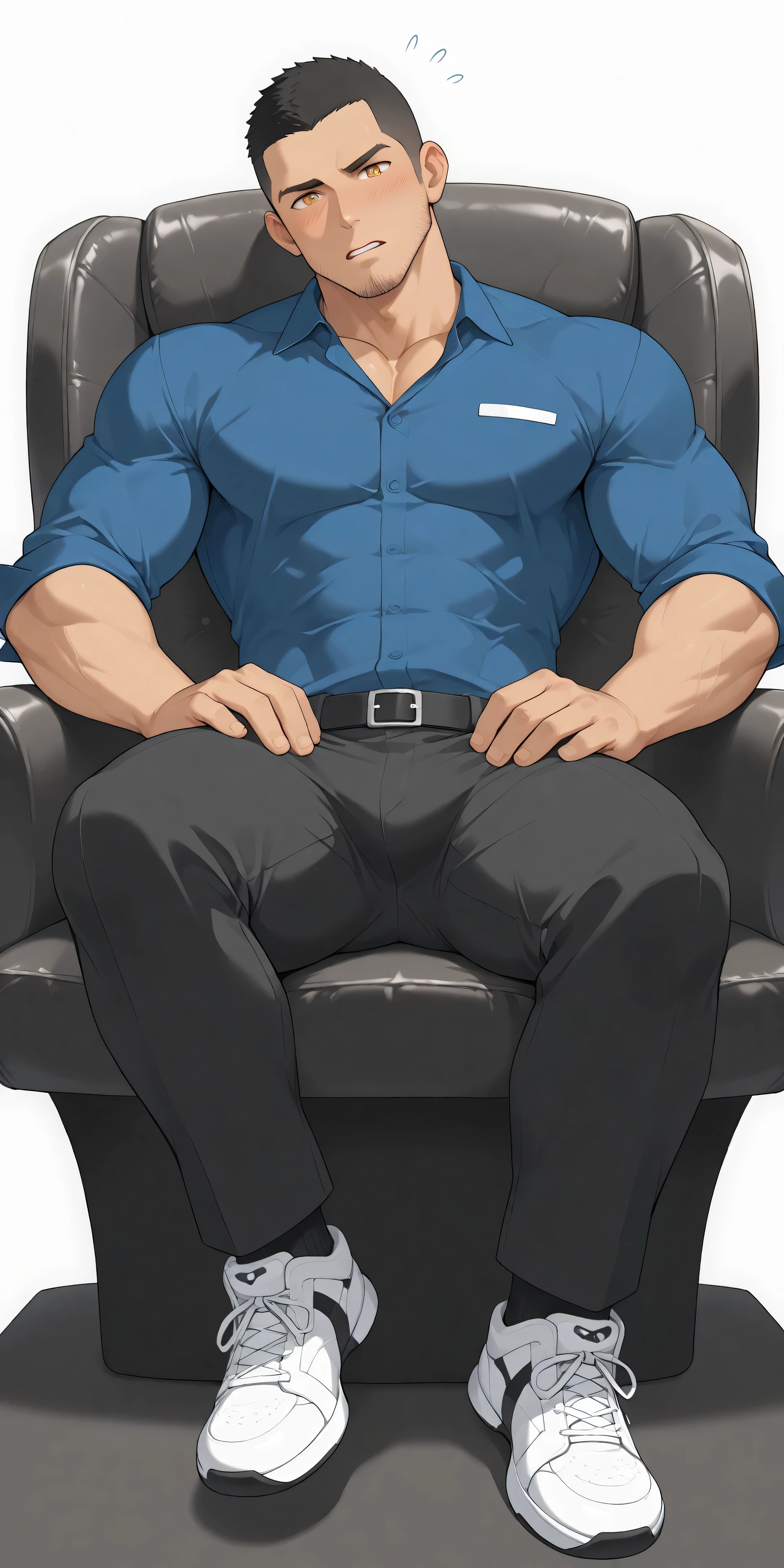 anime characters：Gyee, whole body, Buzz Cut, In a clean and tidy bedroom, Sit on an upscale sofa massage chair, The top is all meat pads, It has lots of milky white mucus on it, He grits his teeth, He wears a fancy suit and pants, Very tall, Muscle Sports Teacher, Stubble, Manliness, muscular, Milky white sneakers, Very tight, muscular male, muscular, only, alone, Black short hair, Thick eyebrows, stubble, Yellow eyes, Grey background, simple background, amazing quality, best aesthetics, Ridiculous, bright eyes, There is salivation on the corners of the mouth, crew cut, parted lips, Grit your teeth, blush, embarrassed, saliva trail, from below, best quality