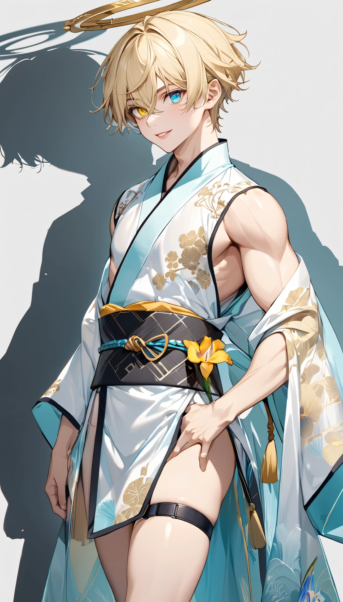 fresh illustration ,
Superfine painting,
very delicate illustration ,
Very fine details ,
1boy ,
(( standing))
Alone,
Height: 158cm,
Beige Skin,
Cheeks are ruddy,
((The iris on the left is medium aquamarine and the iris on the right is yellow ))
((Complete iris heterochromia )),
beautiful eyes,
large black pupils ,
Short short hair,
Blonde,
the tips of the hair are whitish ,
The hair has gradation ,
shiny hair with makeup,
young but beautiful and bewitching face ,
The lips are extremely small,
is smiling,
a small halo that shines brightly on the head ,
the tips of the eyebrows are slightly lowered ,
the upper body is worn in kimono ,
thin pectoral muscle,
six pack,
Slim waist,
thin legs ,
The lower body is long, transparent clothing in the style of a Chinese dress with slits on both hips,
The color of the obi is red ,,
the obi is tastefully embroidered with silver thread ,
fine fabric clothing ,
jockstrap underwear ,
the thigh strap cuts into the skin ,
Are the tips of long boots Japanese style,
Isometric,
golden ratio,
god々 like atmosphere,
wearing a padded collar innerwear ,
white background,
tactical use of shadows ,
the ring of the head and hair fit inside the frame ,
Clothes fit inside the frame ,
(( full shot))
facing the front,