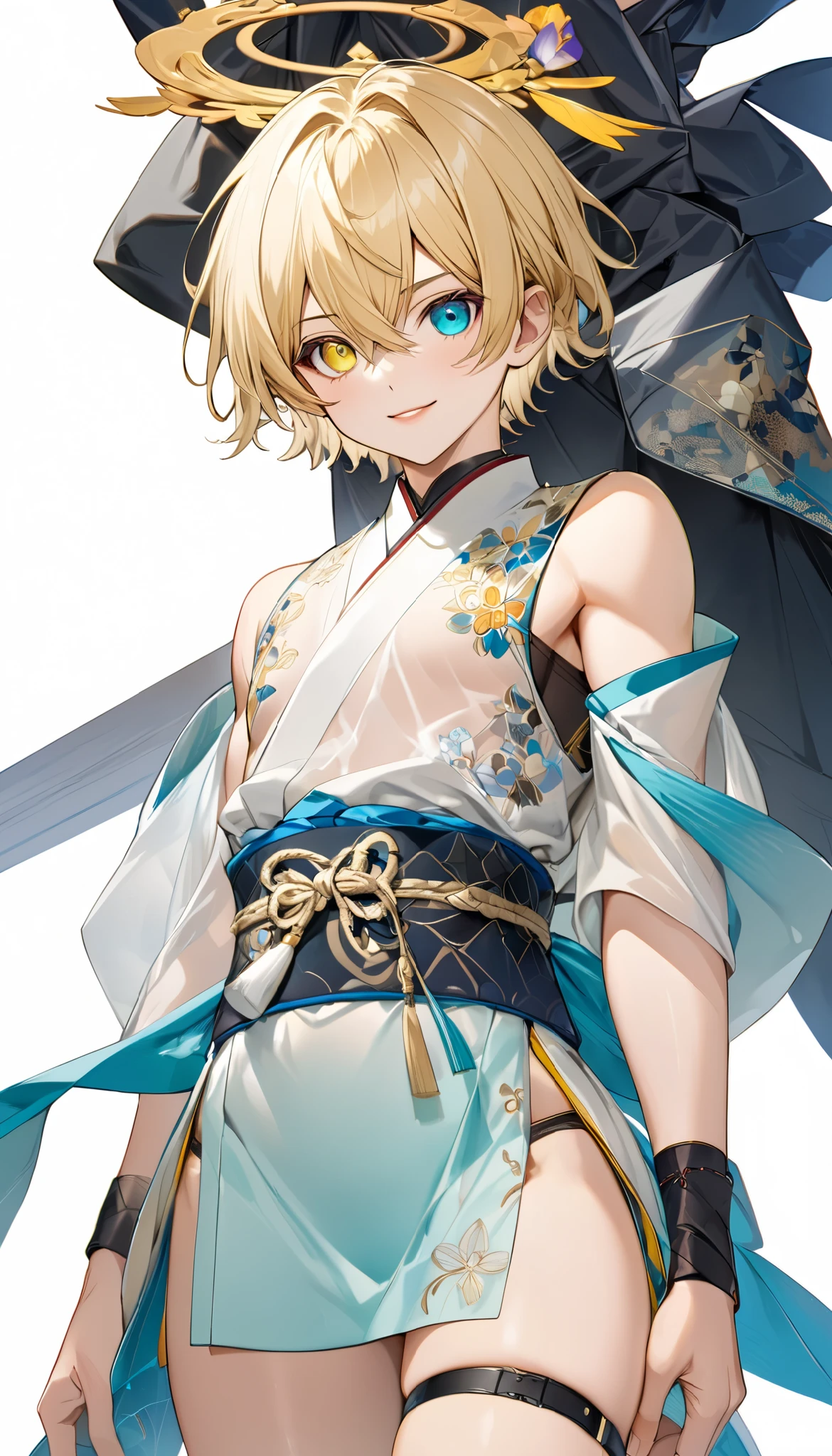 fresh illustration ,
Superfine painting,
very delicate illustration ,
Very fine details ,
1boy ,
(( standing))
Alone,
Height: 158cm,
Beige Skin,
Cheeks are ruddy,
((The iris on the left is medium aquamarine and the iris on the right is yellow ))
((Complete iris heterochromia )),
beautiful eyes,
large black pupils ,
Short short hair,
Blonde,
the tips of the hair are whitish ,
The hair has gradation ,
shiny hair with makeup,
young but beautiful and bewitching face ,
The lips are extremely small,
is smiling,
a small halo that shines brightly on the head ,
the tips of the eyebrows are slightly lowered ,
the upper body is worn in kimono ,
thin pectoral muscle,
six pack,
Slim waist,
thin legs ,
The lower body is long, transparent clothing in the style of a Chinese dress with slits on both hips,
The color of the obi is red ,,
the obi is tastefully embroidered with silver thread ,
fine fabric clothing ,
jockstrap underwear ,
the thigh strap cuts into the skin ,
Are the tips of long boots Japanese style,
Isometric,
golden ratio,
god々 like atmosphere,
wearing a padded collar innerwear ,
white background,
tactical use of shadows ,
the ring of the head and hair fit inside the frame ,
Clothes fit inside the frame ,
(( full shot))
facing the front,