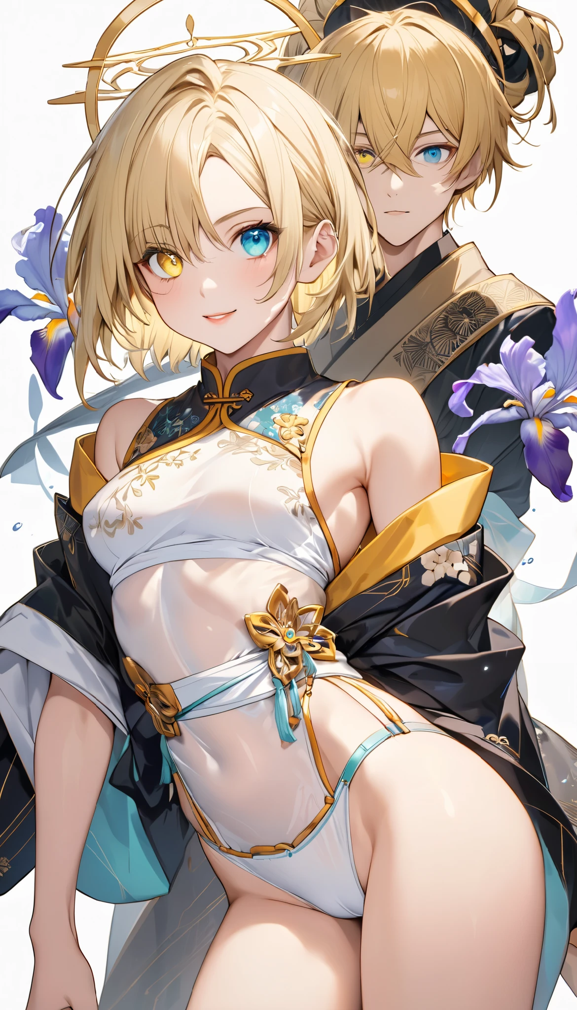 fresh illustration ,
Superfine painting,
very delicate illustration ,
Very fine details ,
1boy ,
(( standing))
Alone,
Height: 158cm,
Beige Skin,
Cheeks are ruddy,
((The iris on the left is medium aquamarine and the iris on the right is yellow ))
((Complete iris heterochromia )),
beautiful eyes,
large black pupils ,
Short short hair,
Blonde,
the tips of the hair are whitish ,
The hair has gradation ,
shiny hair with makeup,
young but beautiful and bewitching face ,
The lips are extremely small,
is smiling,
a small halo that shines brightly on the head ,
the tips of the eyebrows are slightly lowered ,
the upper body is worn in kimono ,
thin pectoral muscle,
six pack,
Slim waist,
thin legs ,
The lower body is long, transparent clothing in the style of a Chinese dress with slits on both hips,
The color of the obi is red ,,
the obi is tastefully embroidered with silver thread ,
fine fabric clothing ,
jockstrap underwear ,
the thigh strap cuts into the skin ,
Are the tips of long boots Japanese style,
Isometric,
golden ratio,
god々 like atmosphere,
wearing a padded collar innerwear ,
white background,
tactical use of shadows ,
the ring of the head and hair fit inside the frame ,
Clothes fit inside the frame ,
(( full shot))
facing the front,