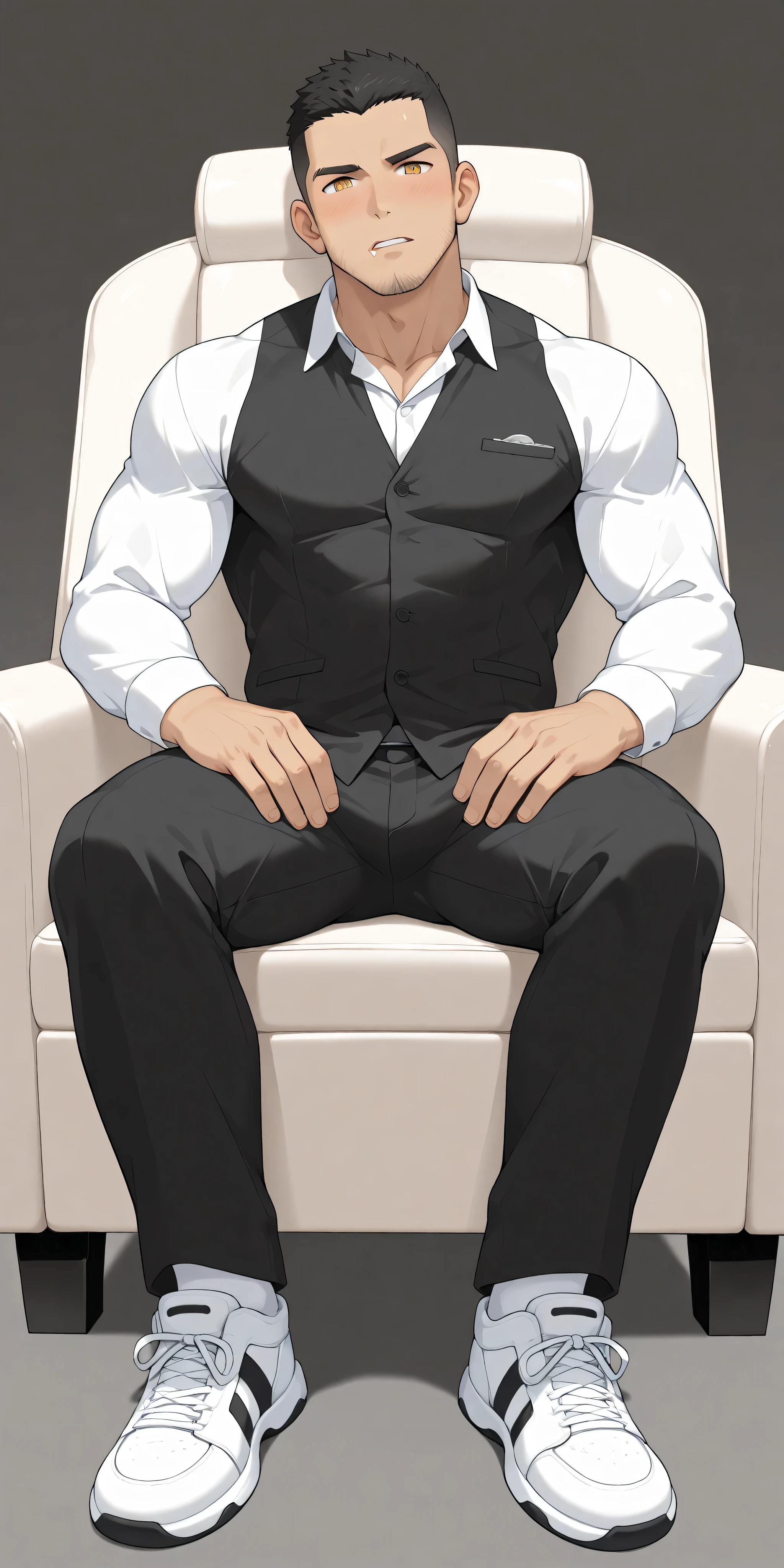 anime characters:Gyee, whole body, Buzz Cut, In a clean and tidy bedroom, Sit on an upscale sofa massage chair, The top is all meat pads, It has lots of milky white mucus on it, He grits his teeth, He wears a fancy suit and pants, Very tall, Muscle Sports Teacher, Stubble, Manliness, muscular, Milky white sneakers, Very tight, muscular male, muscular, only, alone, Black short hair, Thick eyebrows, stubble, Yellow eyes, Grey background, simple background, amazing quality, best aesthetics, Ridiculous, bright eyes, There is salivation on the corners of the mouth, crew cut, parted lips, Grit your teeth, blush, embarrassed, saliva trail, from below, best quality