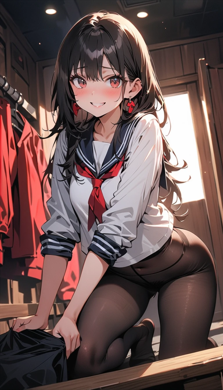 Yukimi, 10., Long Hair, Blunt bangs, Flat Chest, Expressionless, shy, whole body, Highest quality, (randoseru backpack:1.4), School classroom、pussy、Angle from below、(pussy:1.4)、(Masturbation:1.4)、(male'Head between thighs:1.4)、Striped pattern、Embarrassing、Small nipples