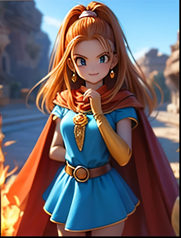 (((SFW、Accuracy、Highest quality、 A first-class masterpiece 、 Normal body 、8k、 detailed face 、 super precision 、 Normal Hands 、5 fingers、Highest)))、" DRAGON QUEST"、Barbara、 orange hair、 short、 slender、 slim、 blue mini skirt dress、Cape、Soft gentle smile 、Warm and cozy、Fire Magic、 reality 、3d
