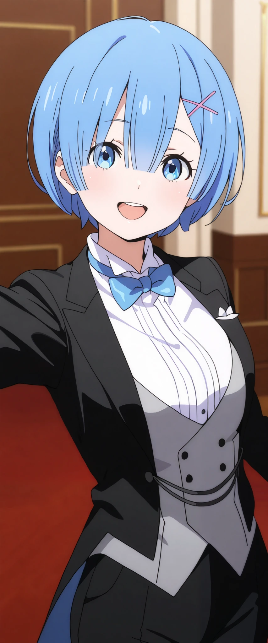 1girl, solo, rem, suit tuxedo , blue hair, short hair, bangs, in front, indoors, standing,happy,smile,looking at viewer, cowboy shot, blue tie woman in formal attractive suit tuxedo tailcoat standing in a large alcove in the room, , reaching towards viewer ,
