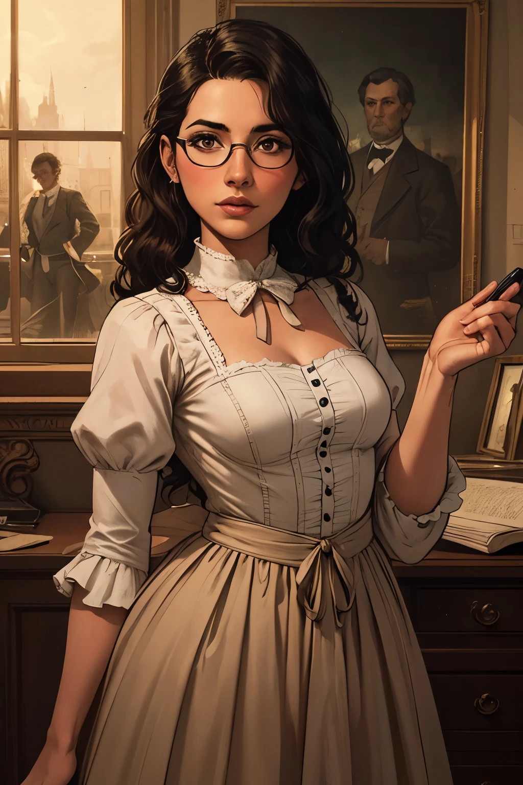 Half-english half-black woman in the 1870s, long curly black hair, brown skin, brown eyes, in an 1870s hairstyle, small glasses, in an 1870s dress. High Resolution, Masterpiece, Accurate, Anatomically Correct, Award Winning, Best Quality, Rule of Thirds, Sherlock Holmes style scene, facing camera