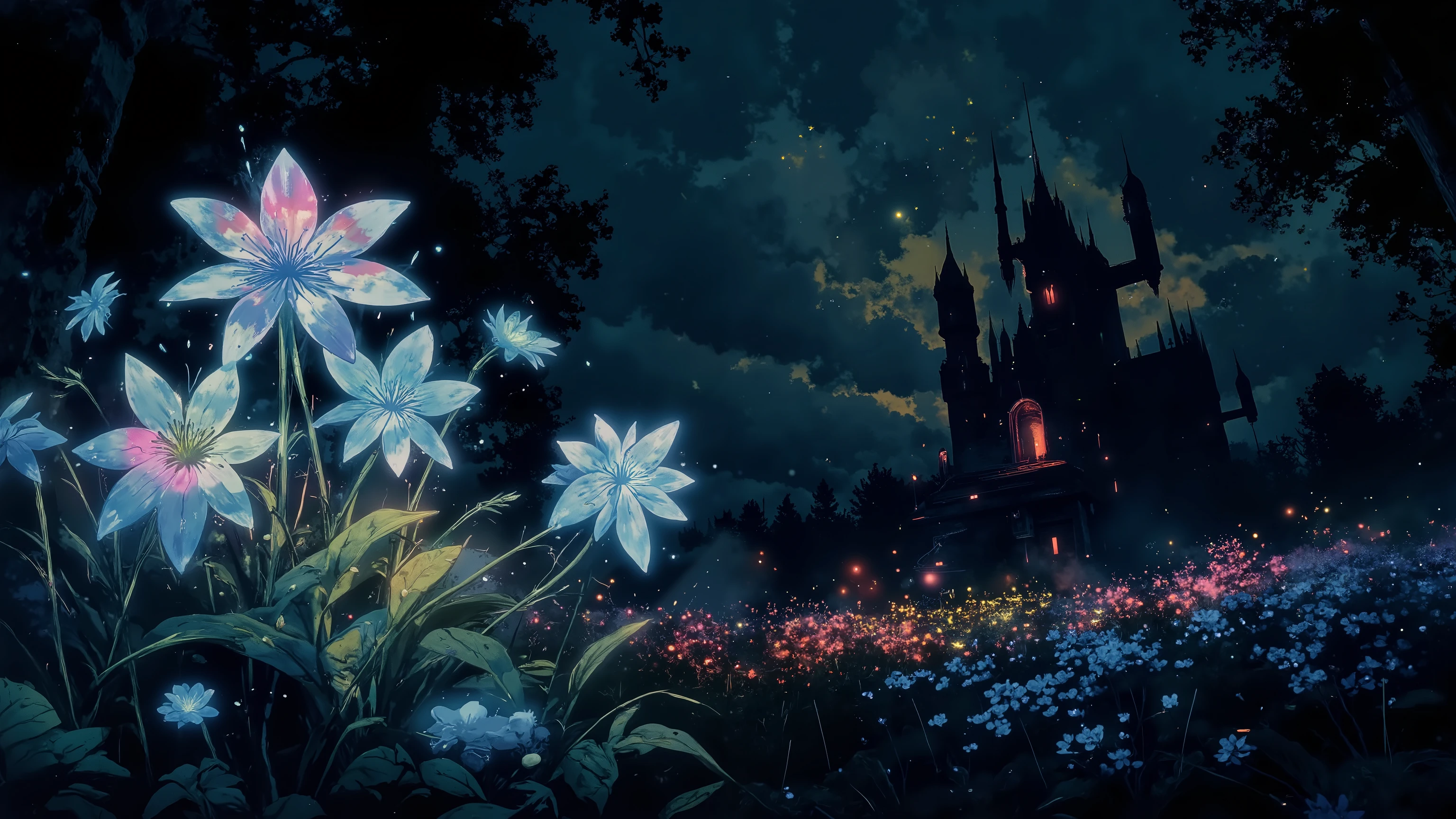 dracula's castle , aidmaGlow , A cluster of beautiful flowers, blending white and blue in a harmonious and radiant way, appearing luminous and full of life. The flowers are close to the camera, with their details clearly visible and balanced within the composition, while a vast meadow of blossoms stretches in the background. The scene is shrouded in deep darkness, illuminated only by the faint reflection of moonlight on the flowers and the glowing lights of a massive castle in the distance. The castle, inspired by the design of Castlevania, towers over the horizon with its sharp spires and ominous presence. Its mysterious lights pierce through the shadows, adding a sense of grandeur and intrigue to the gloomy, magical atmosphere.