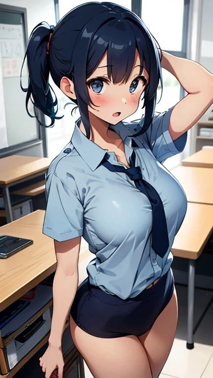 eula, 1 fille, Seul, ((chemise blanche)), cuisses, seins, clivage, uniforme, bureau background, jupe noire, pleated skirt, bureau, cheveux entre les yeux, large seins, cheveux longs, regarder le spectateur, Cheveux bleus, ongles bleus courts, Seul, cuisses, cuisses, cheveux longs, ((oeuvre d'art)), assise, chaise, mesa, ordinateur sur table, badge, label'identification, interior, golden hair clip, Rougir, pose sexy, sourire, meilleur qualiter photo , meilleur qualité illustration