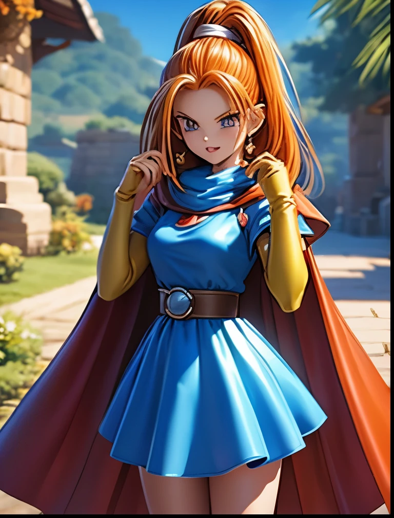(((SFW、Accuracy、Highest quality、 A first-class masterpiece 、 Normal body 、8k、 detailed face 、 super precision 、 Normal Hands 、5 fingers、Highest、3d)))、" DRAGON QUEST"、Barbara、 orange hair、 short、 slender、 slim、 blue mini skirt dress、Cape、Soft gentle smile 、Warm and cozy、Freeze Magic 、 reality 、
