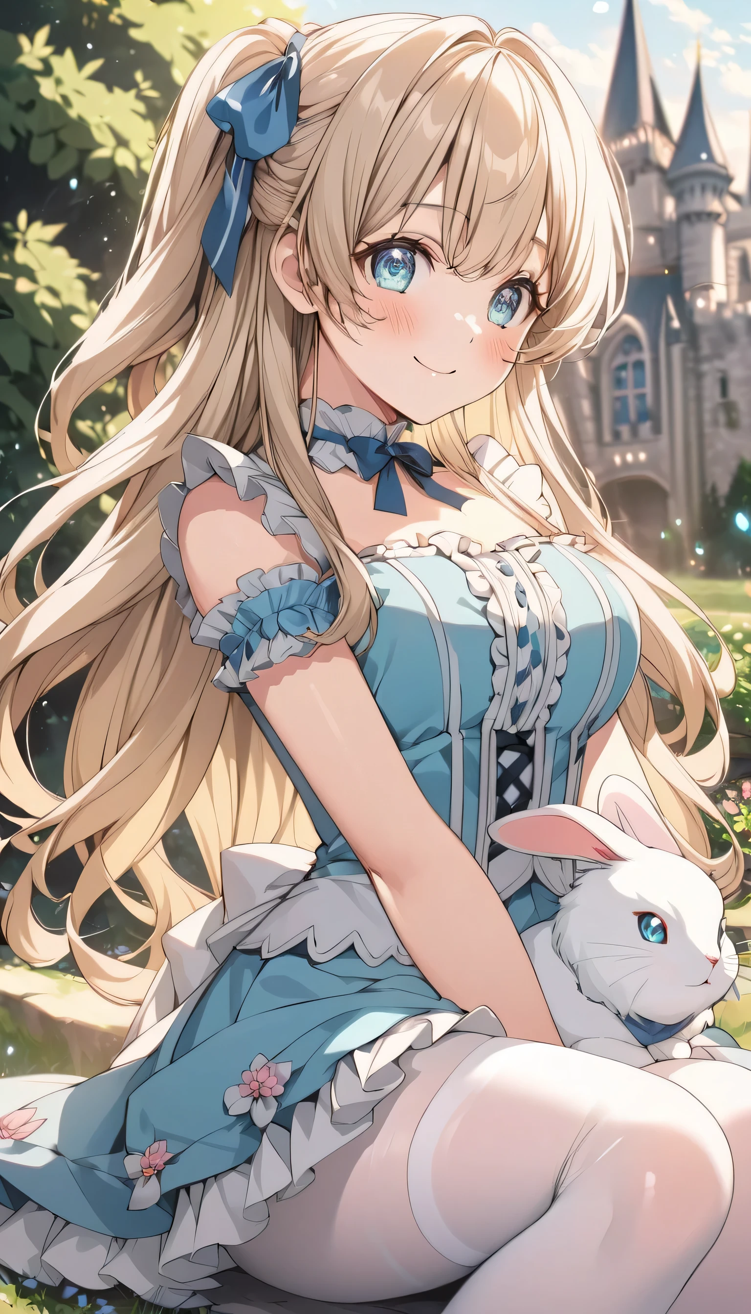 ((ultra-detailed)), (highly detailed CG illustration), (best quality:1.2), ultra-highly detailed, colorful composition, artistic photoshoot, 1girl, solo focus, ((thigh to top:1.4)), ((cowboy shot:1.4)), moe anime character, girl, dainty facial structure, (bab(round face), ((rounded chin:1.2)), ((ideal ratio body proportions)), celia-default, celia claire, alice, alice_in_wonderland, (blue eyes), sparkle eyes, blonde hair color, long hair, (half updo), (blue hair ribbon), ample breasts, white apron, blue dress, white pantyhose, happy smile, squatting, white rabbit on her lap, holding white rabbit, hug, outdoor, petals glowing and fluttering, best quality, masterpiece, standing by the victorian garden with flowers, castle, beautiful detailed sky, from side, expecting, pink cheek, blush, light pink gloss slip, portrait, depth of field, soft lighting, sidelighting, (shine), lighting, caustics, ray tracing, smile, perfect face, lustrous skin, highly detailed face, highly detailed eyes, perfect face, perfect nose, perfect hair, perfect eyes, perfect anatomy, beautiful hair, beautiful small face, extremely detailed face, beautiful detailed eyes, beautiful clavicle, beautiful body, beautiful huge breasts, leavage, breasts squeezed together, equalize the size of the left and right breasts, beautiful thin thighs, beautiful legs, beautiful fingers, 4 fingers, 1 thumb, lovely, (very detailed background:1.0), (highly detailed background:1.0), spring aesthetic, intricate details, joyful atmosphere, spring colors palette, chromatic aberration