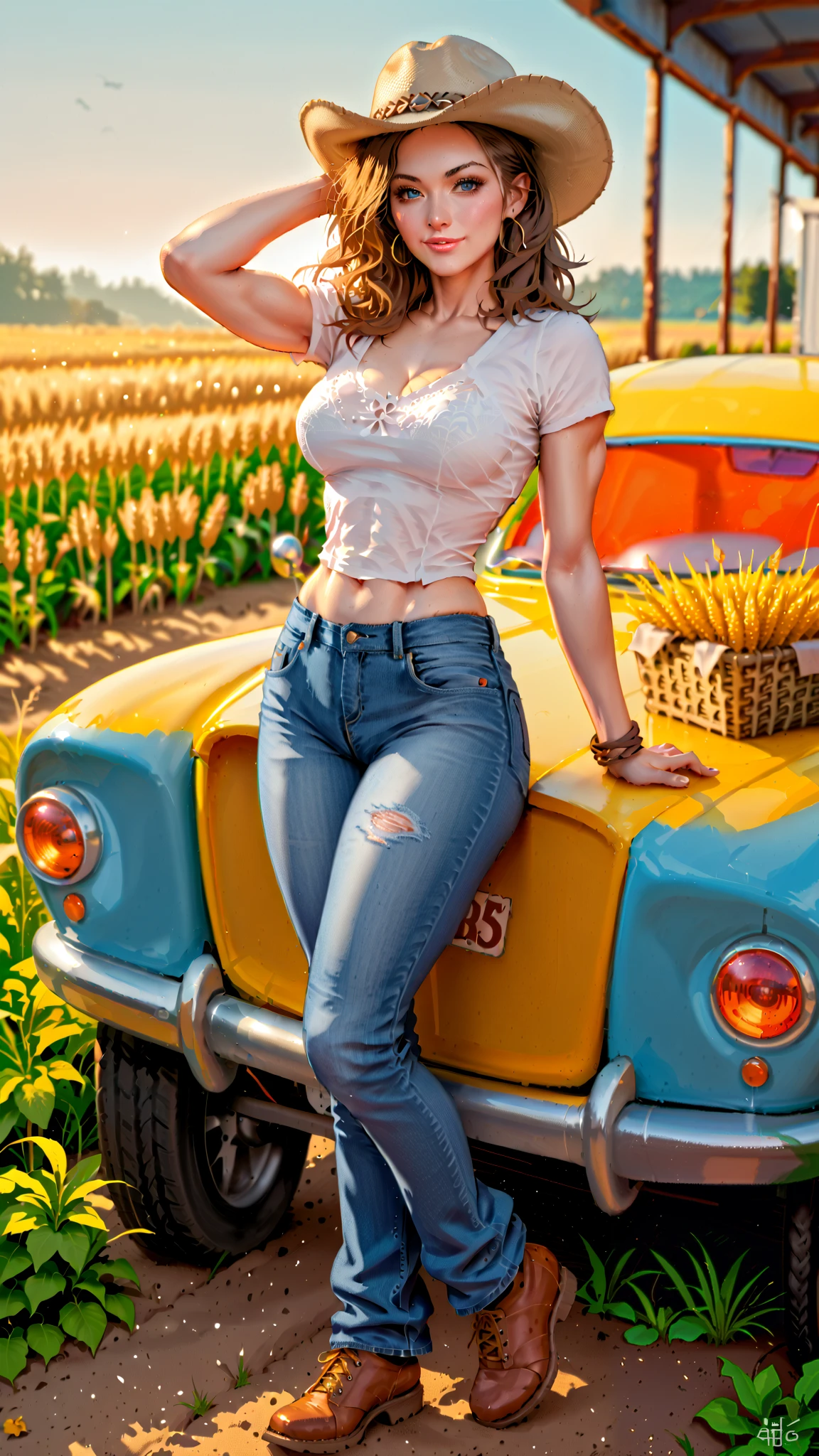 sexy farm girl with cowboy hat standing in a wheat field, Bright blue eyes, full body view, tan skin, long brown hair, low hip jeans, athletic and fit body, flirty, sexy, large breast, cleavage, plain white t-shirt, sunset, realistic, HDR, UHD, bra visible through clothes