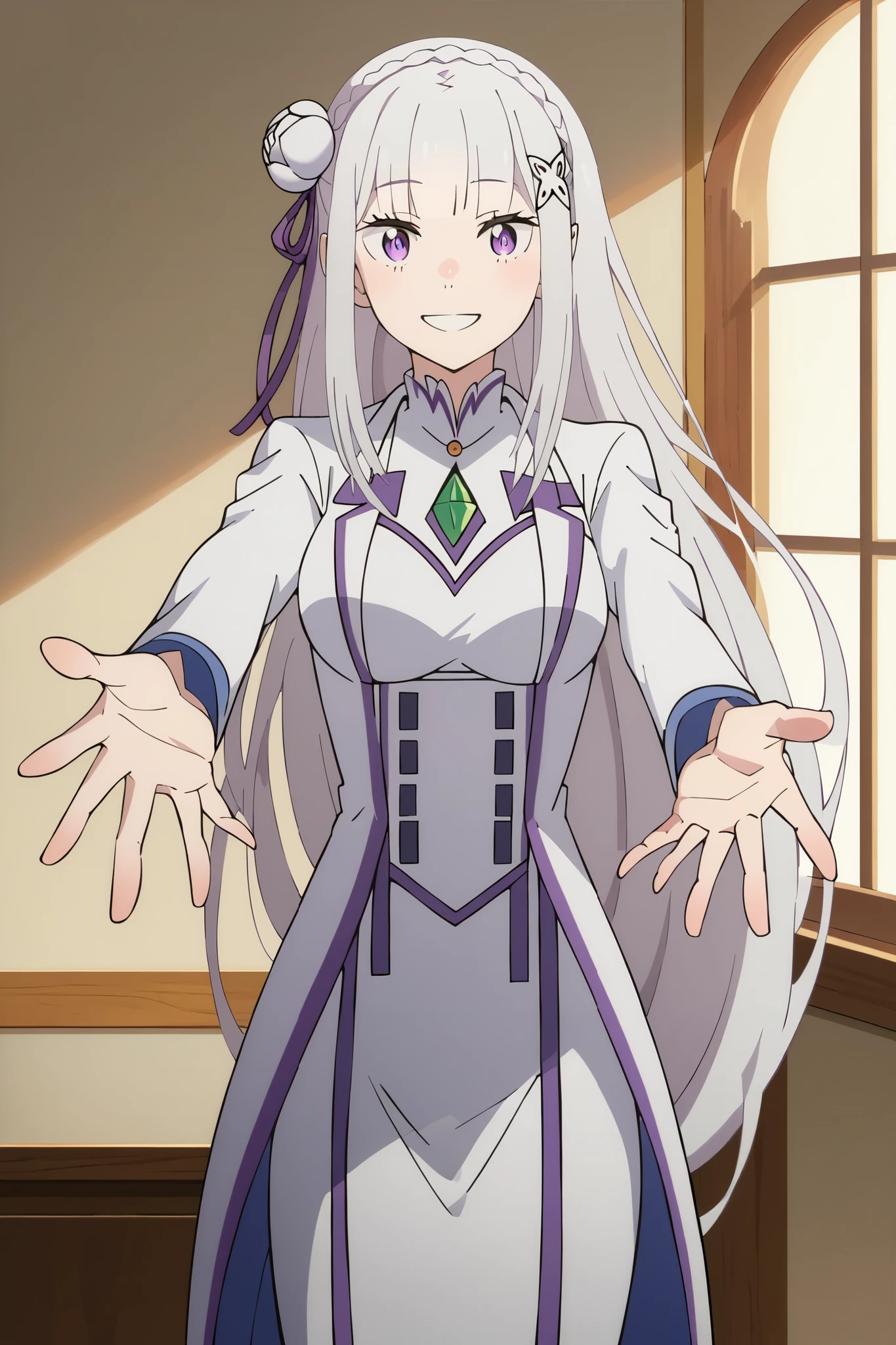 flat colors, score_8_up, Emilia_season3, 1girl, solo, Emilia, suit tuxedo , white hair, long hair, bangs, in front, indoors, standing,happy,smile,looking at viewer, cowboy shot, blue tie woman in formal attractive suit tuxedo tailcoat standing in a large alcove in the room, , reaching towards viewer ,
