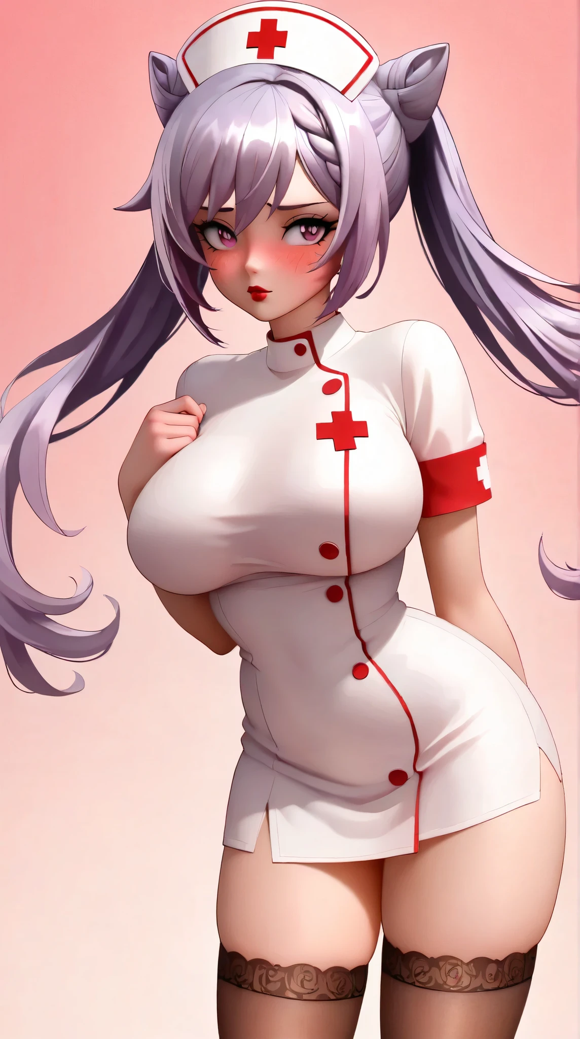 best quality, illustrator anime, style retro classic, keqing from genshin impact, purple hair, purple eyes, blushing, Shy, Red lips, big breasts, best quality, masterpiece, detailed, vintage, elegant, sophisticated, big expressive eyes, ulzzang, Slender, solid pink background, heavy blushing, submissive, nurse uniform, thigh highs, 
