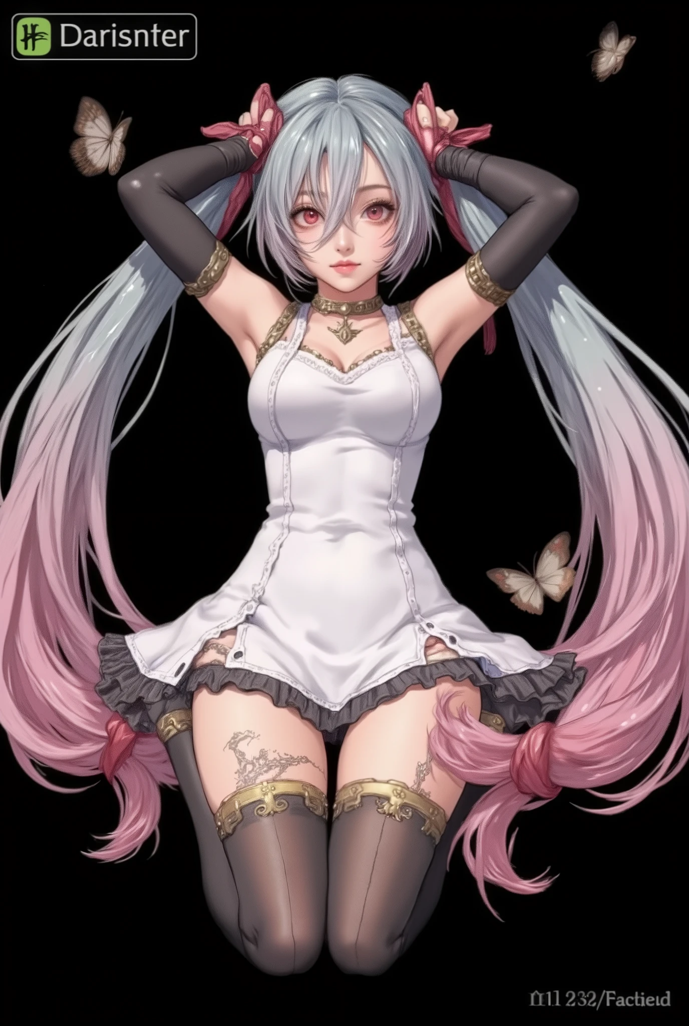 pixel, noshirodress, 1girl, breasts, long hair, ass, solo, looking at the viewer, large breasts, thighs, flower, goth dress, lying down, blue dress, red shoulders, belly down, sideboob, white thighs, thighs, pixel art, white hair, red eyes