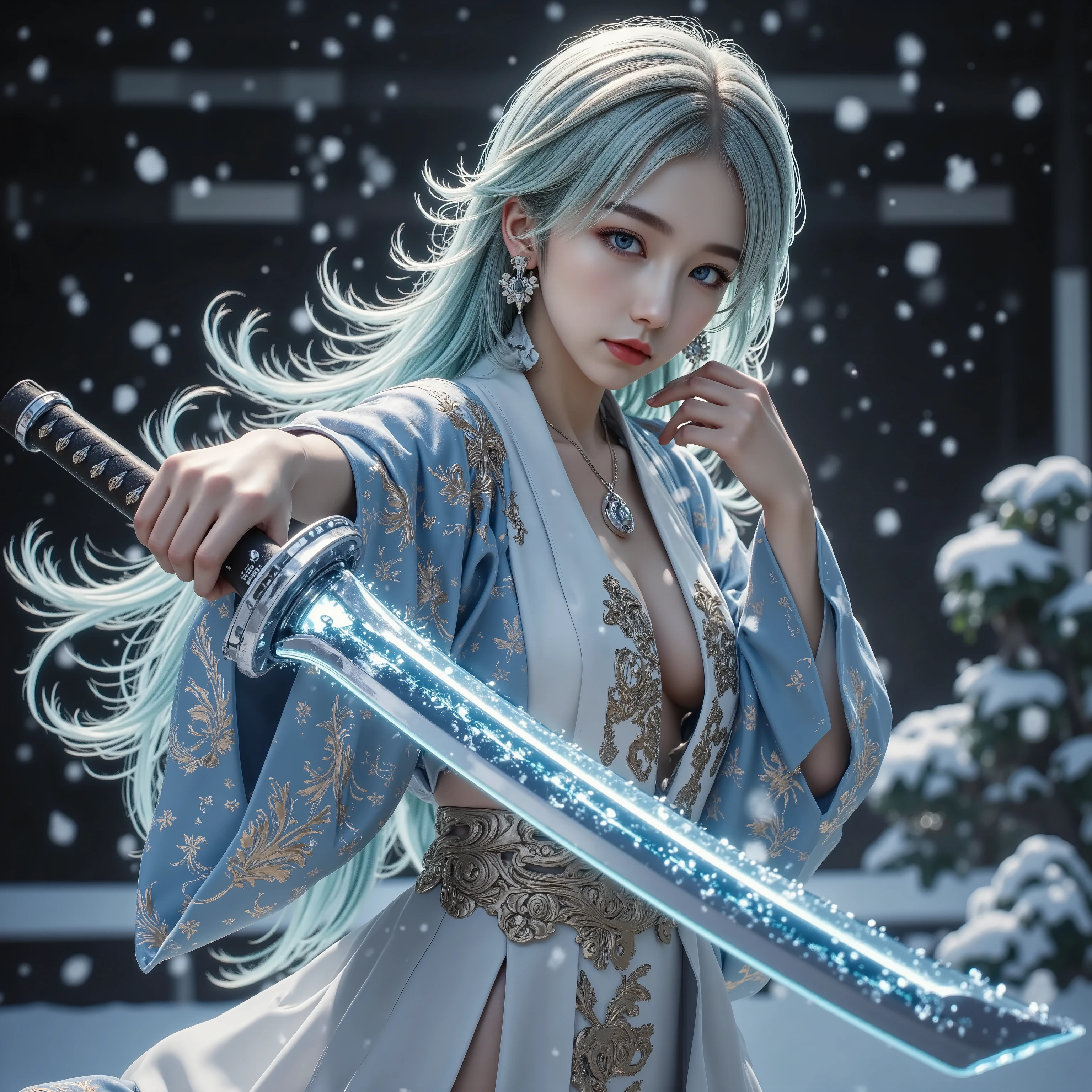 Temple Background、A precise Japanese sword with a blade that shines blue、Holding a Japanese sword in hand、Unexposed whole body、beautiful fighting poses、The glowing snow is dancing、I'm wearing a blue and gold detailed kimono with a beautiful pattern、beautiful and perfect earrings、goddess、A beautiful and perfect headdress、 tattoo