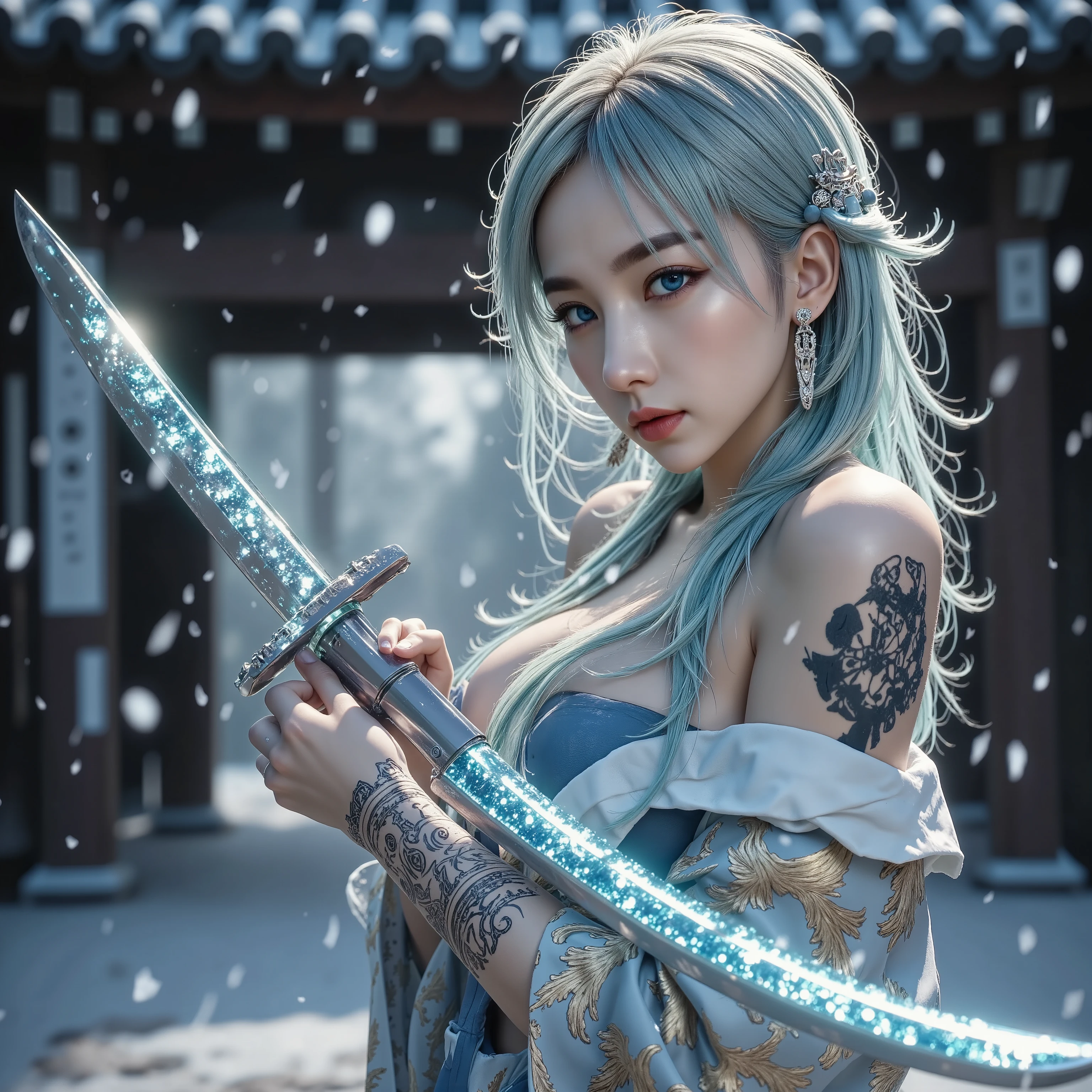 Temple Background、A precise Japanese sword with a blade that shines blue、Holding a Japanese sword in hand、Unexposed whole body、beautiful fighting poses、The glowing snow is dancing、I'm wearing a blue and gold detailed kimono with a beautiful pattern、beautiful and perfect earrings、goddess、A beautiful and perfect headdress、 tattoo